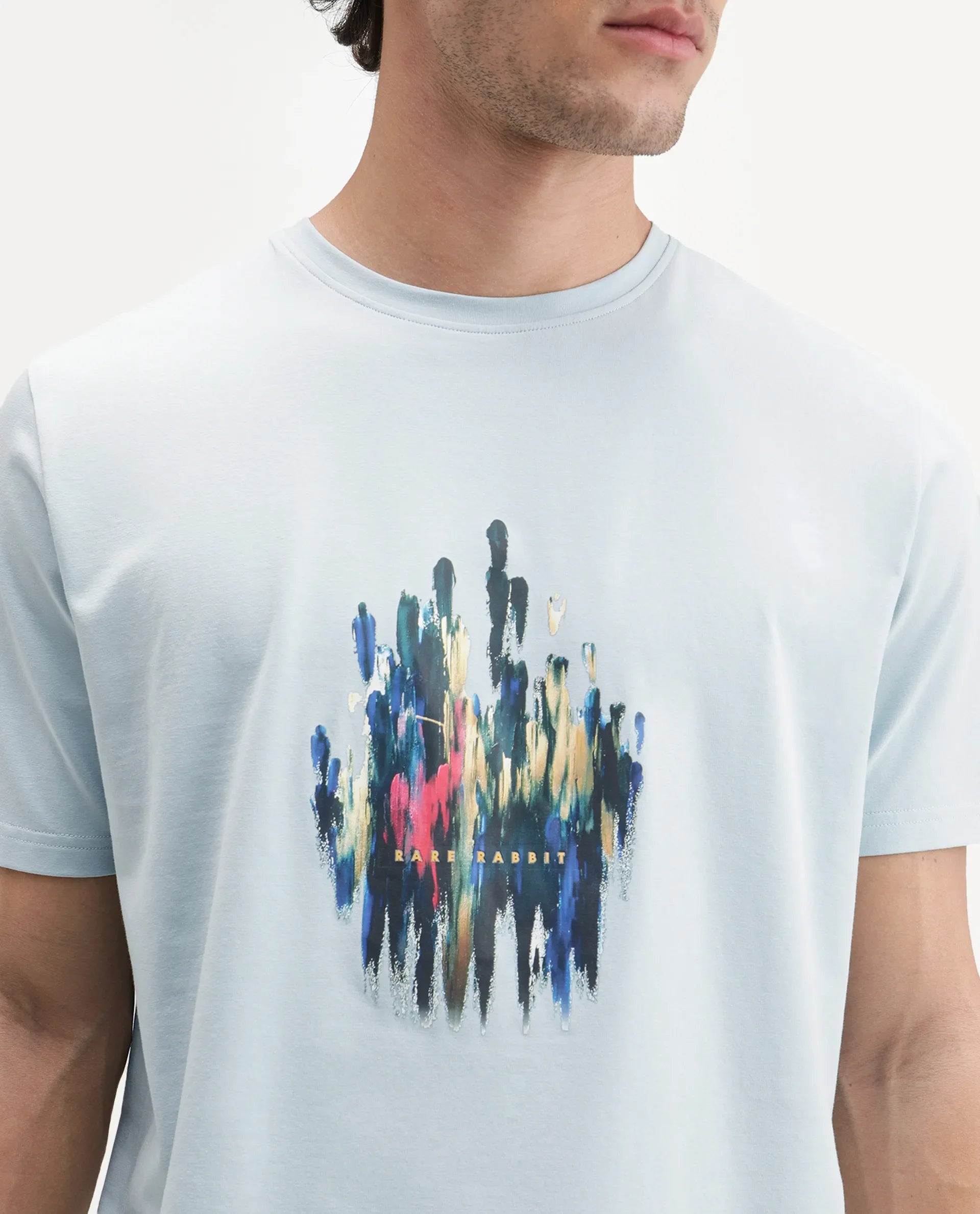 Rare Rabbit Men's Knight Light Blue Cotton Blend Crew Neck Regular Graphic Print T-Shirt