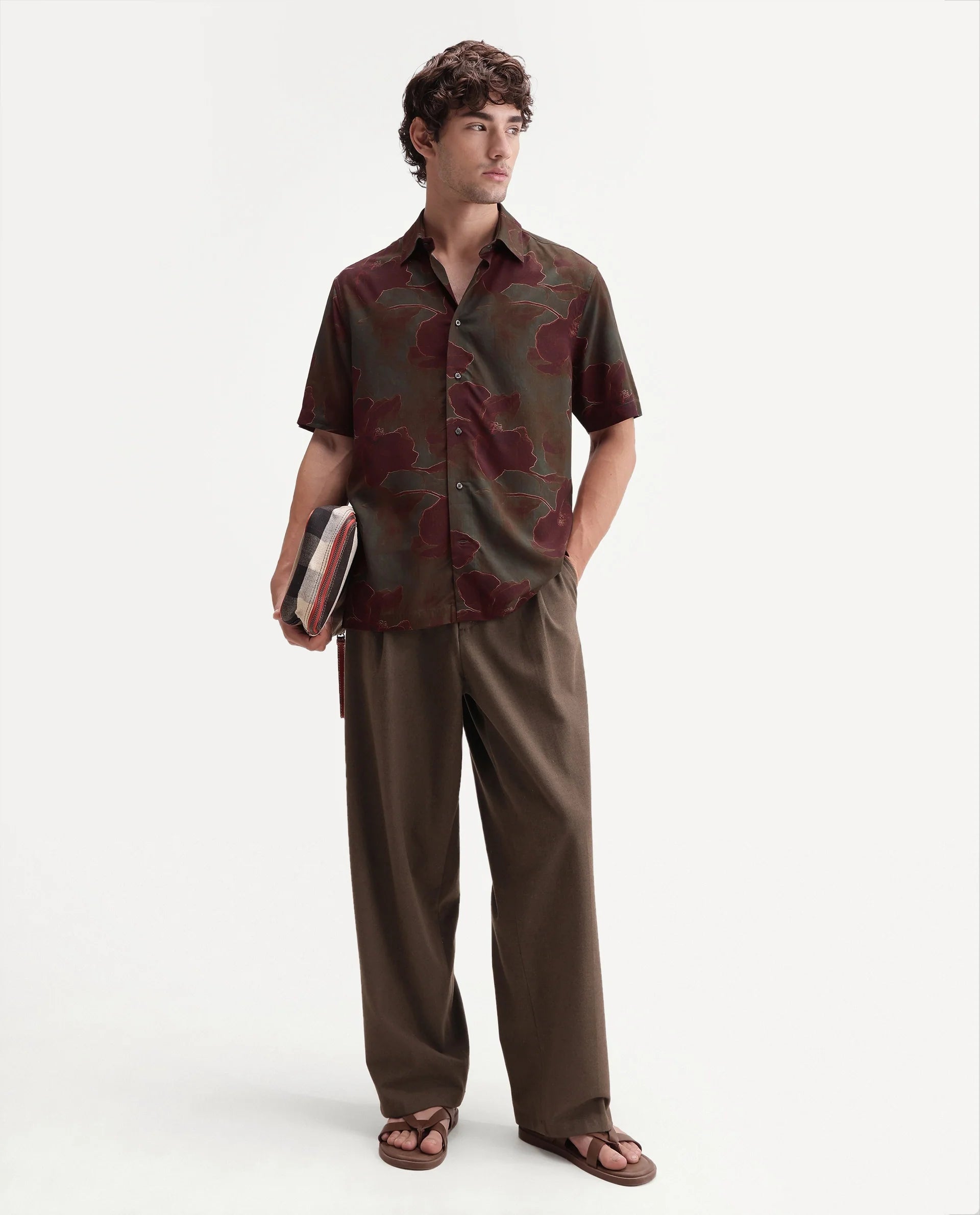 Rare Rabbit Men's Rego Dark Olive Viscose Spread Collar Button Regular Floral Print Shirt