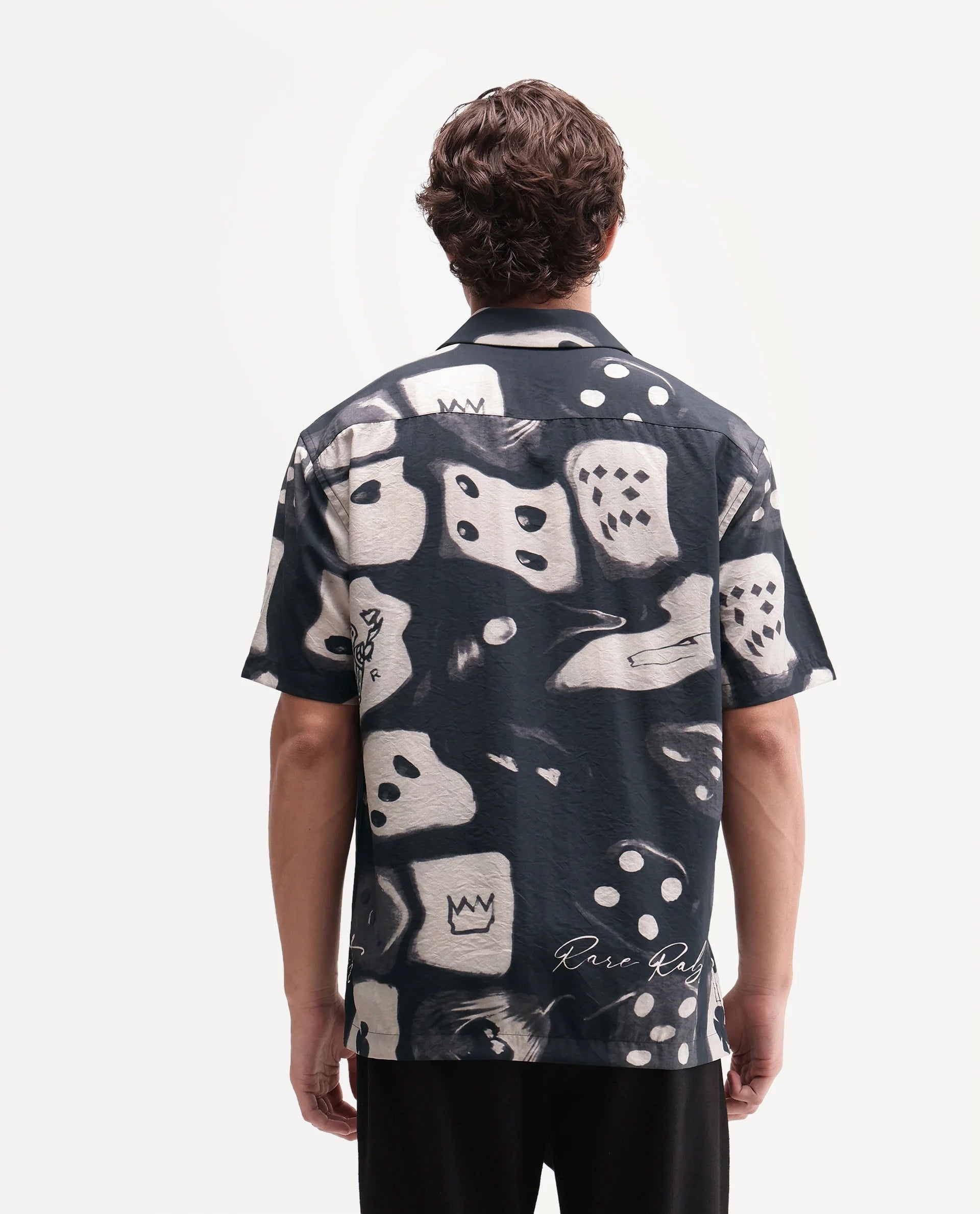 Rare Rabbit Men's Roll Black Viscose Blend Cuban Collar Button Relaxed Abstract Print Shirt