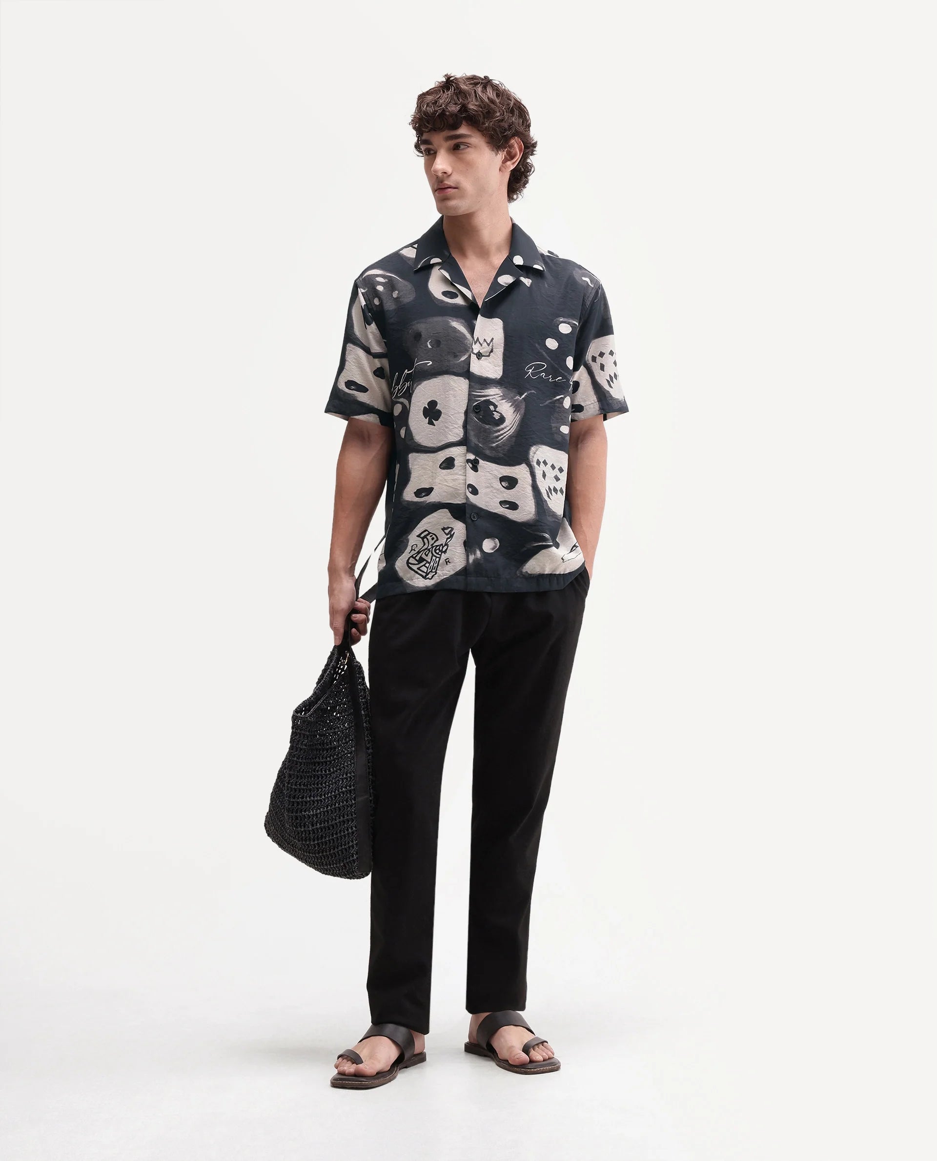 Rare Rabbit Men's Roll Black Viscose Blend Cuban Collar Button Relaxed Abstract Print Shirt
