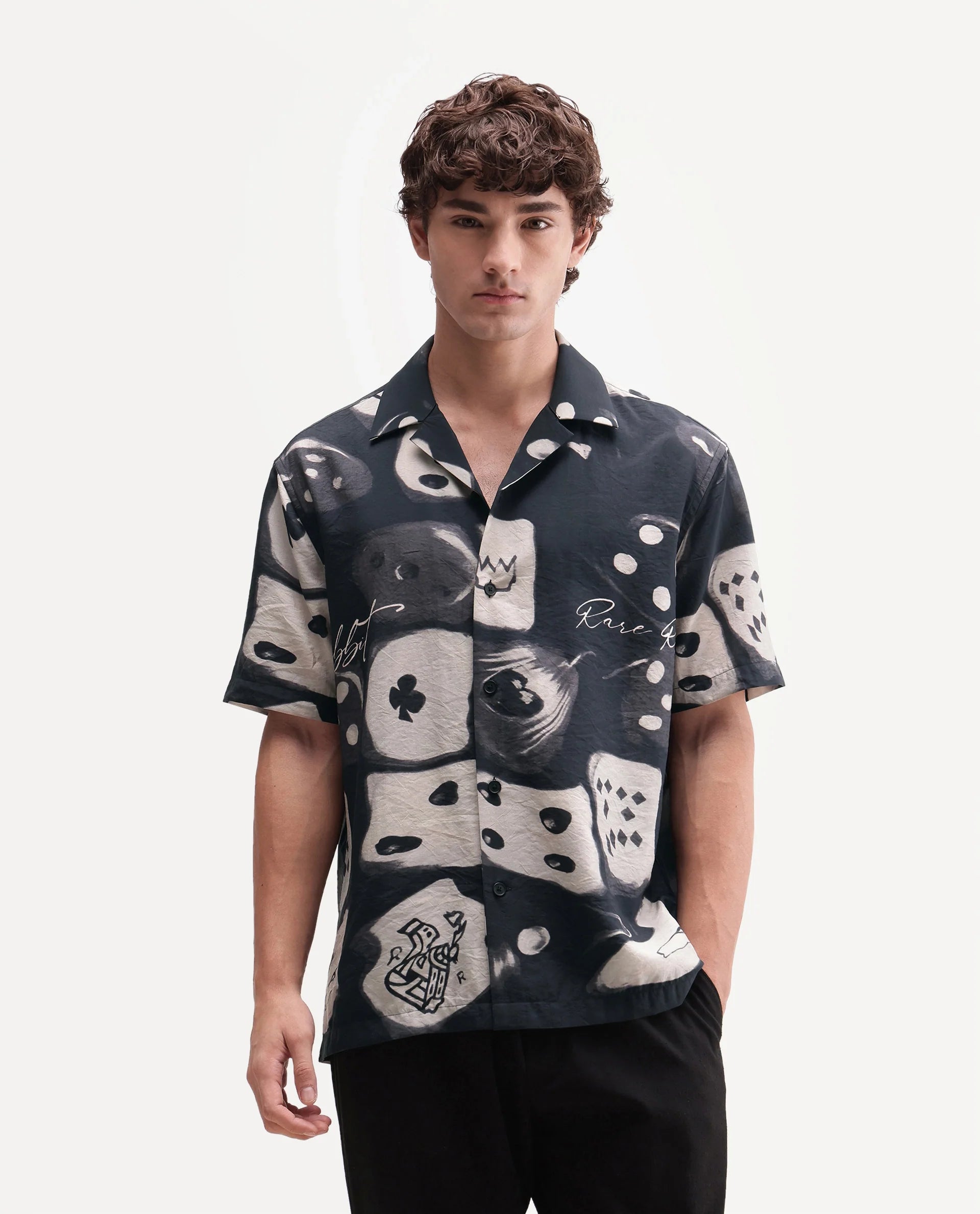 Rare Rabbit Men's Roll Black Viscose Blend Cuban Collar Button Relaxed Abstract Print Shirt