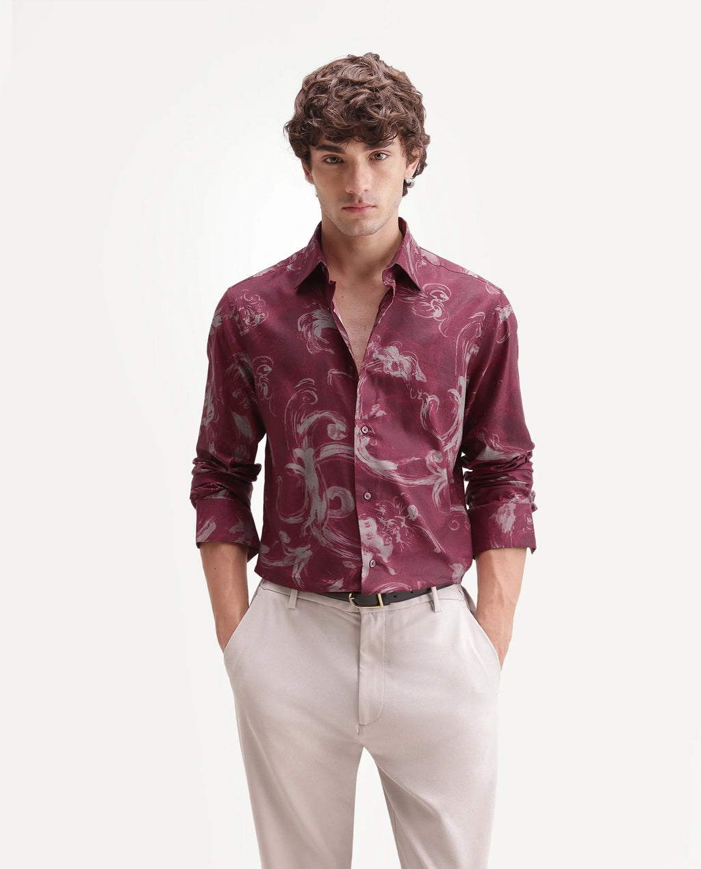 Rare Rabbit Men's Nori Red Cotton Blend Spread Collar Button Regular Abstract Print Shirt
