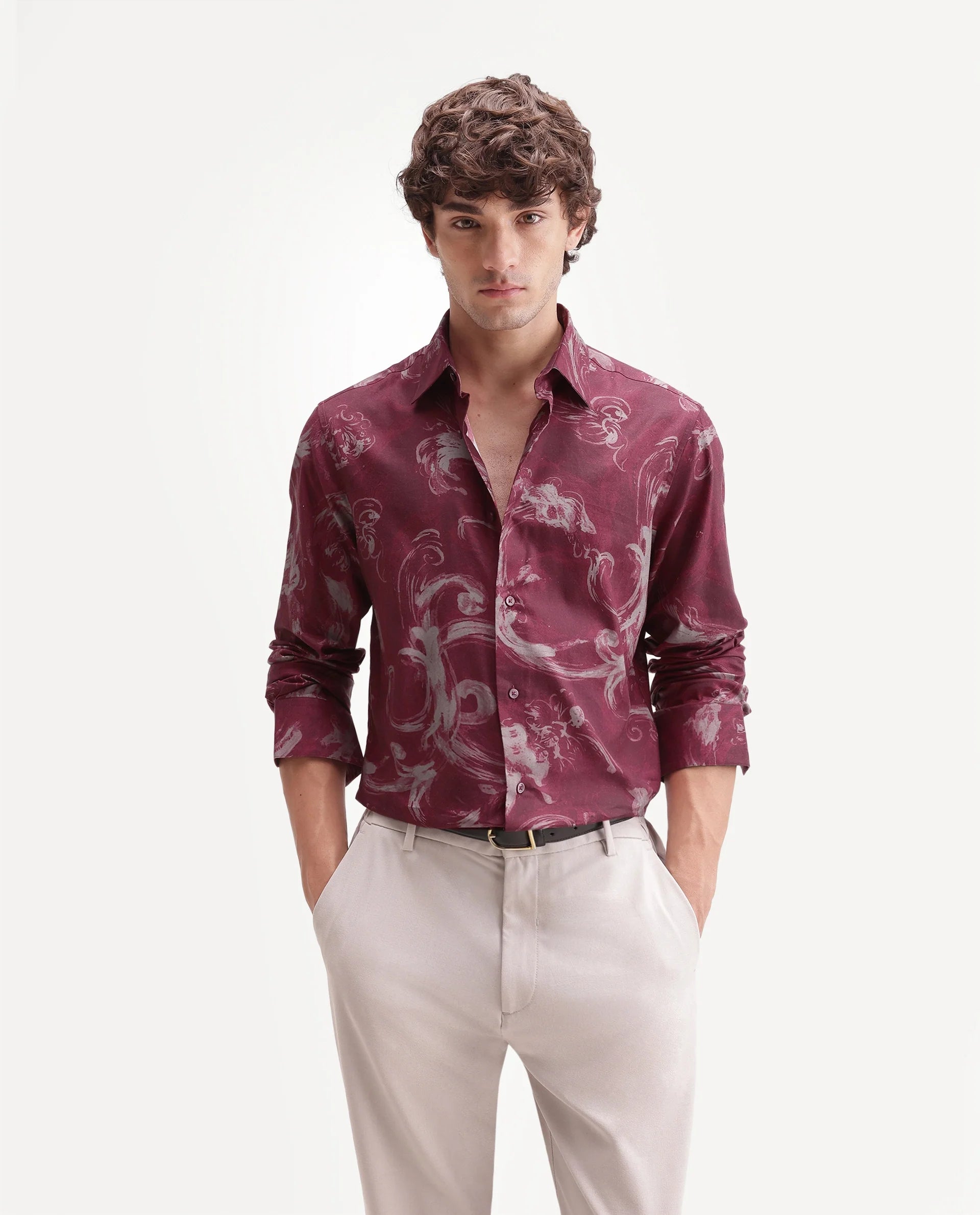 Rare Rabbit Men's Nori Red Cotton Blend Spread Collar Button Regular Abstract Print Shirt