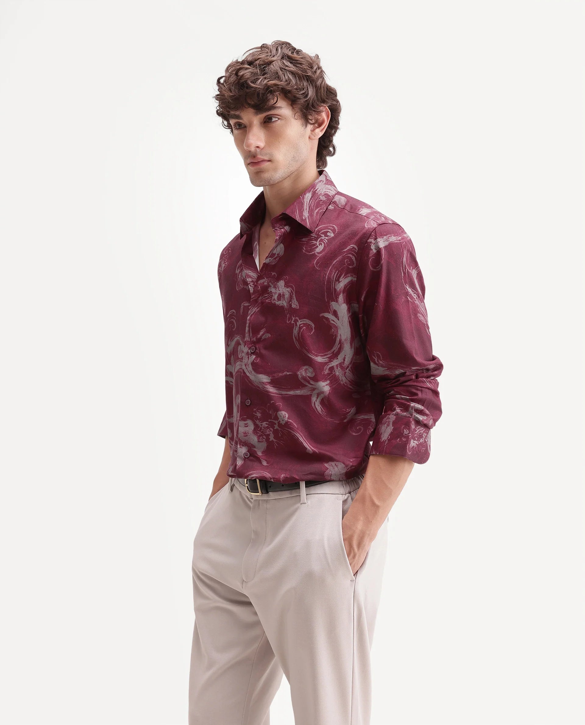 Rare Rabbit Men's Nori Red Cotton Blend Spread Collar Button Regular Abstract Print Shirt