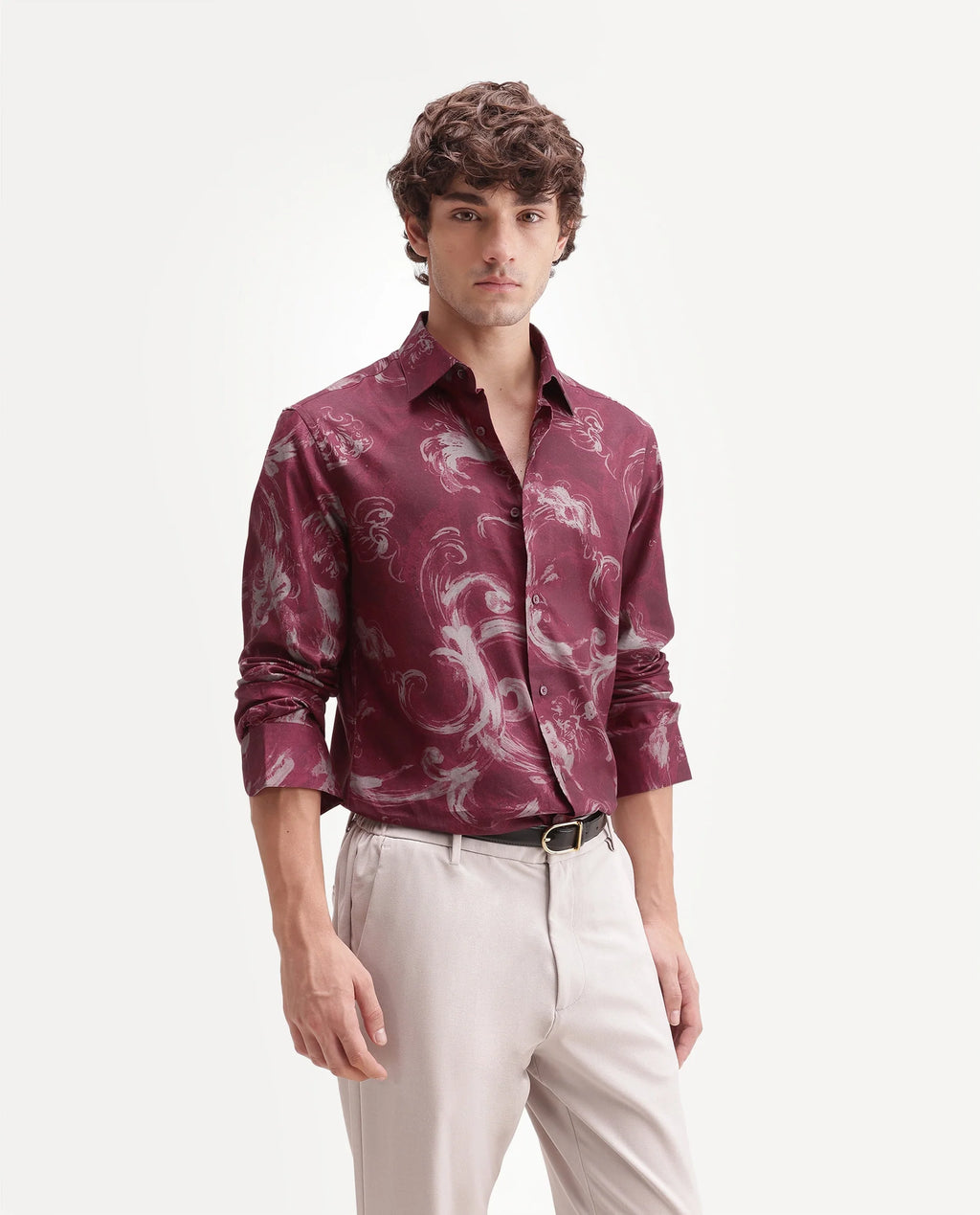 Rare Rabbit Men's Nori Red Cotton Blend Spread Collar Button Regular Abstract Print Shirt