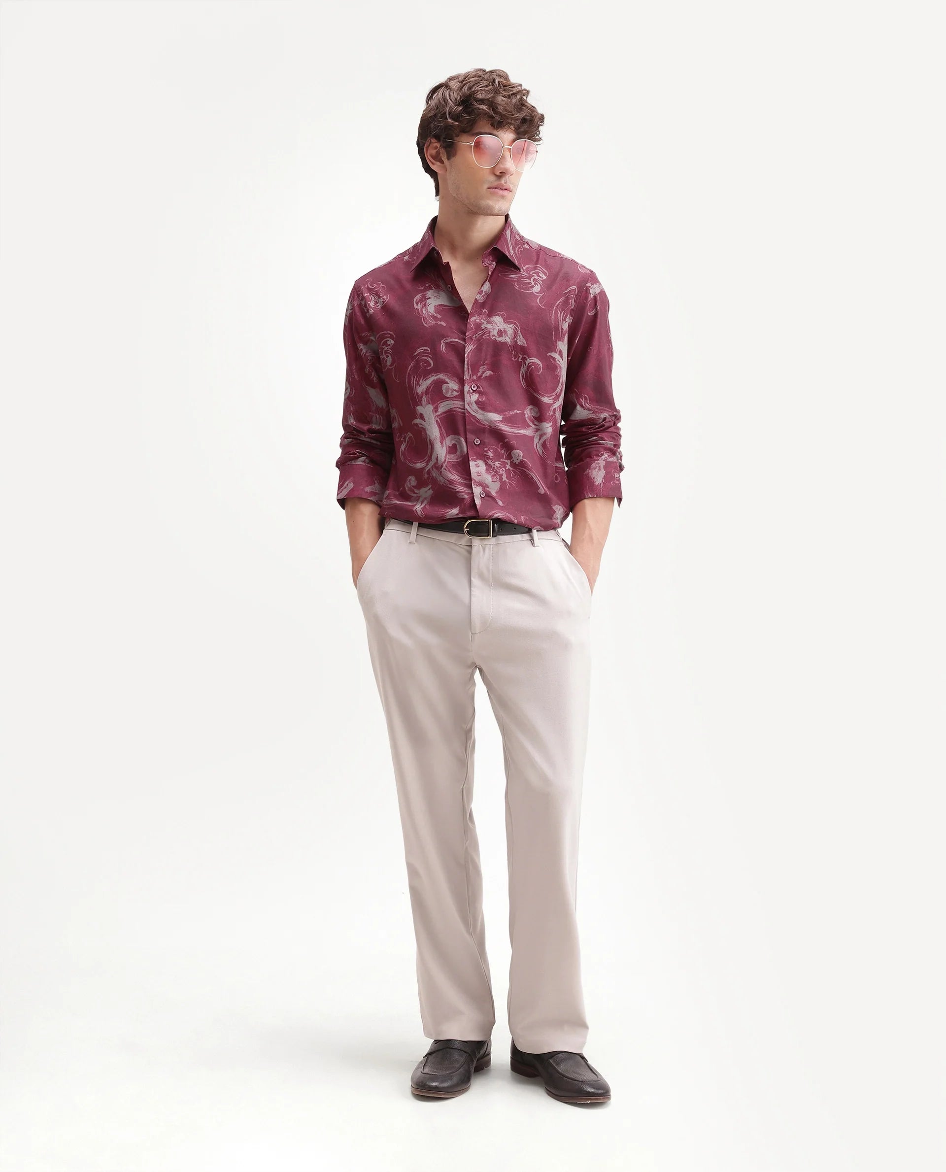 Rare Rabbit Men's Nori Red Cotton Blend Spread Collar Button Regular Abstract Print Shirt
