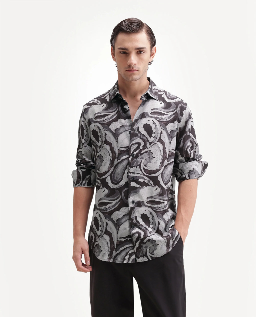 Rare Rabbit Men's Luth 26 Dark Grey Viscose Spread Collar Button Regular Paisley Print Shirt