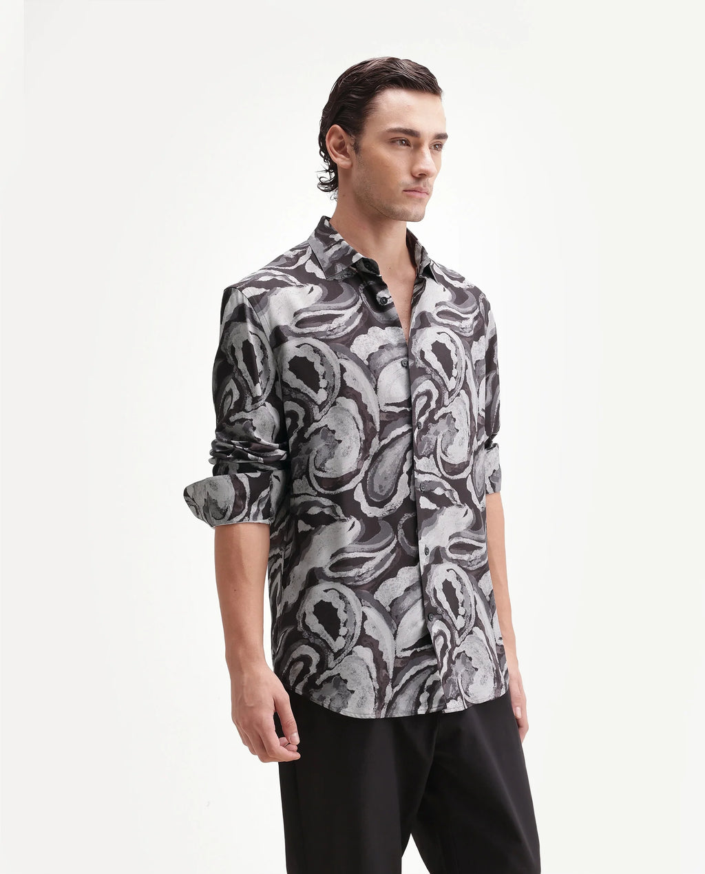 Rare Rabbit Men's Luth 26 Dark Grey Viscose Spread Collar Button Regular Paisley Print Shirt