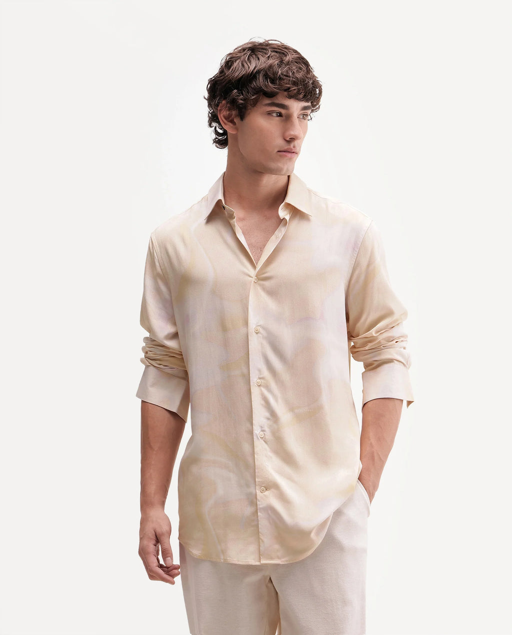 Rare Rabbit Men's Repo Light Yellow Viscose Spread Collar Button Regular Abstract Print Shirt
