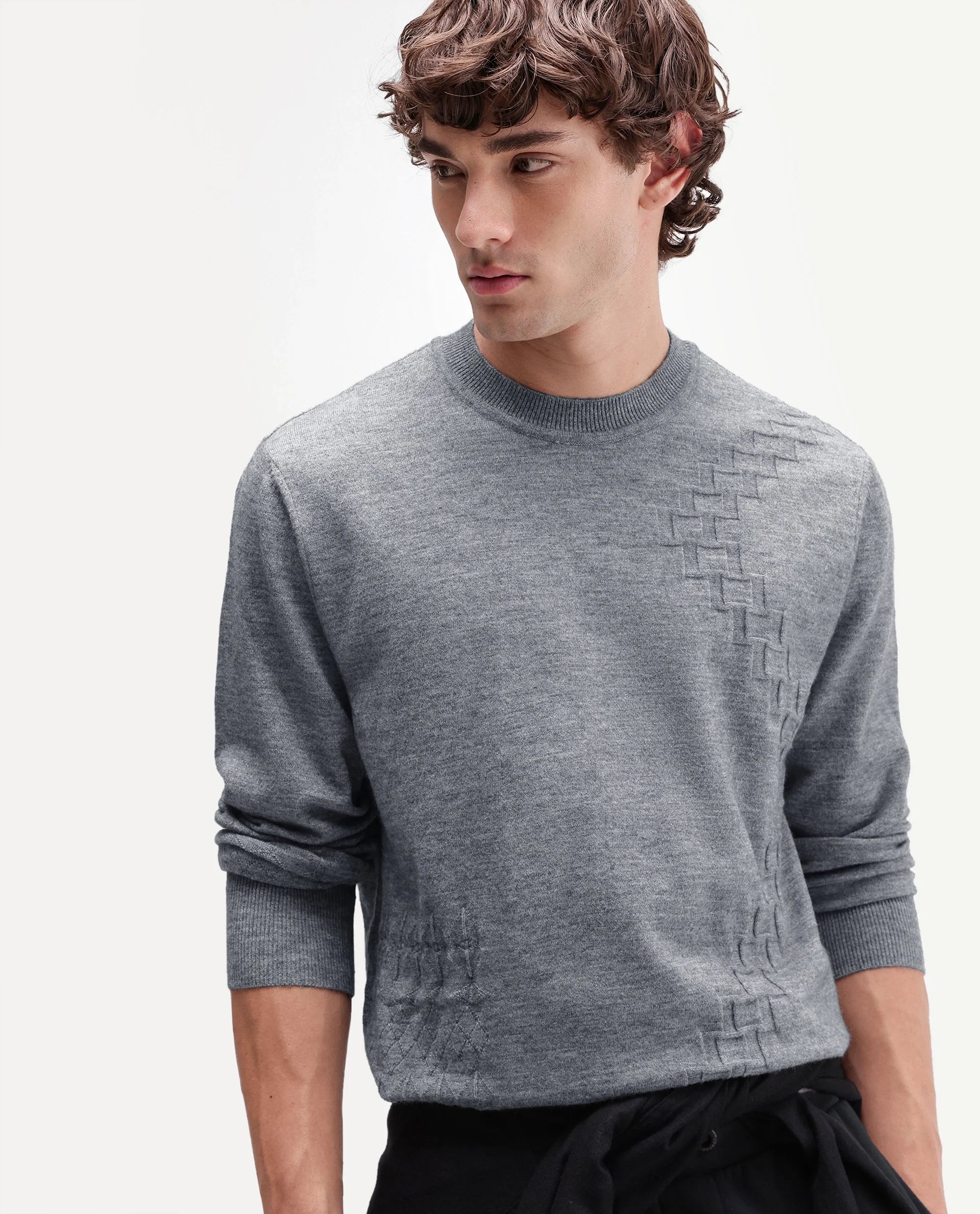 Rare Rabbit Men's Verk Grey Viscose Blend Regular Fit Jacquard Sweater
