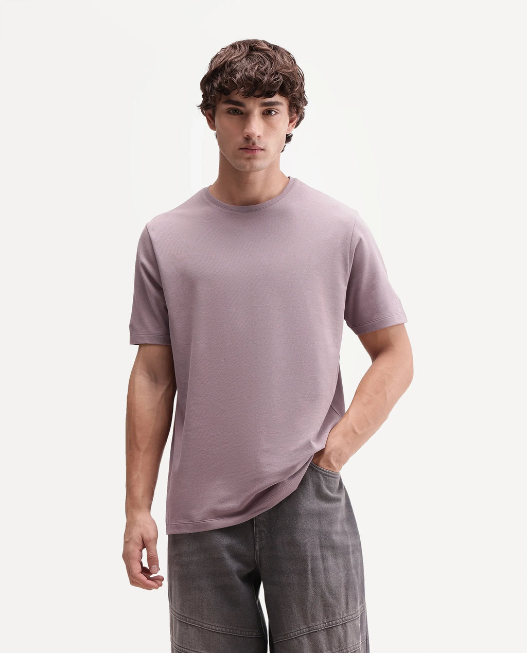 Rare Rabbit Men's Peeq Dusky Pink Cotton Blend Crew Neck Regular Plain T-Shirt
