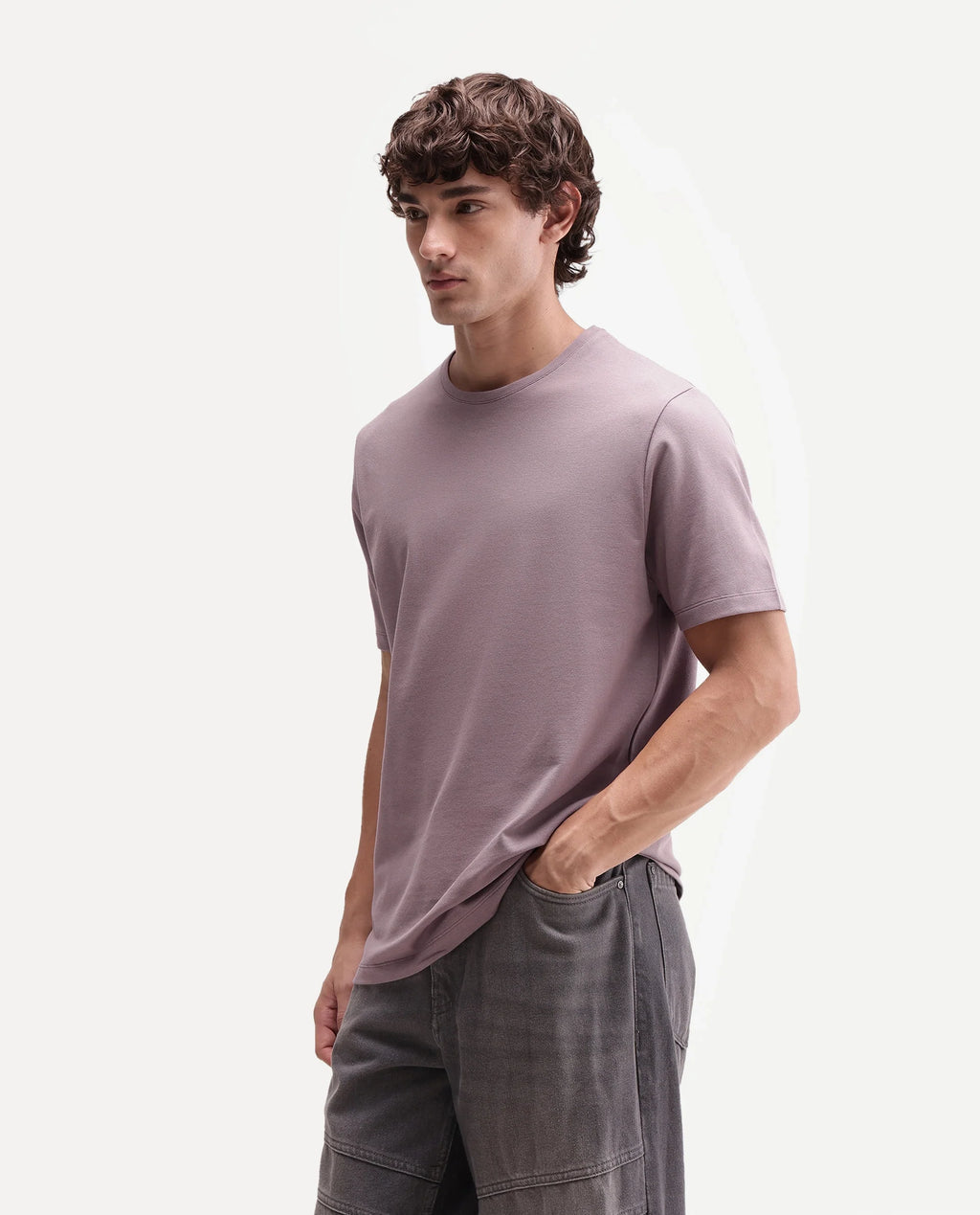 Rare Rabbit Men's Peeq Dusky Pink Cotton Blend Crew Neck Regular Plain T-Shirt