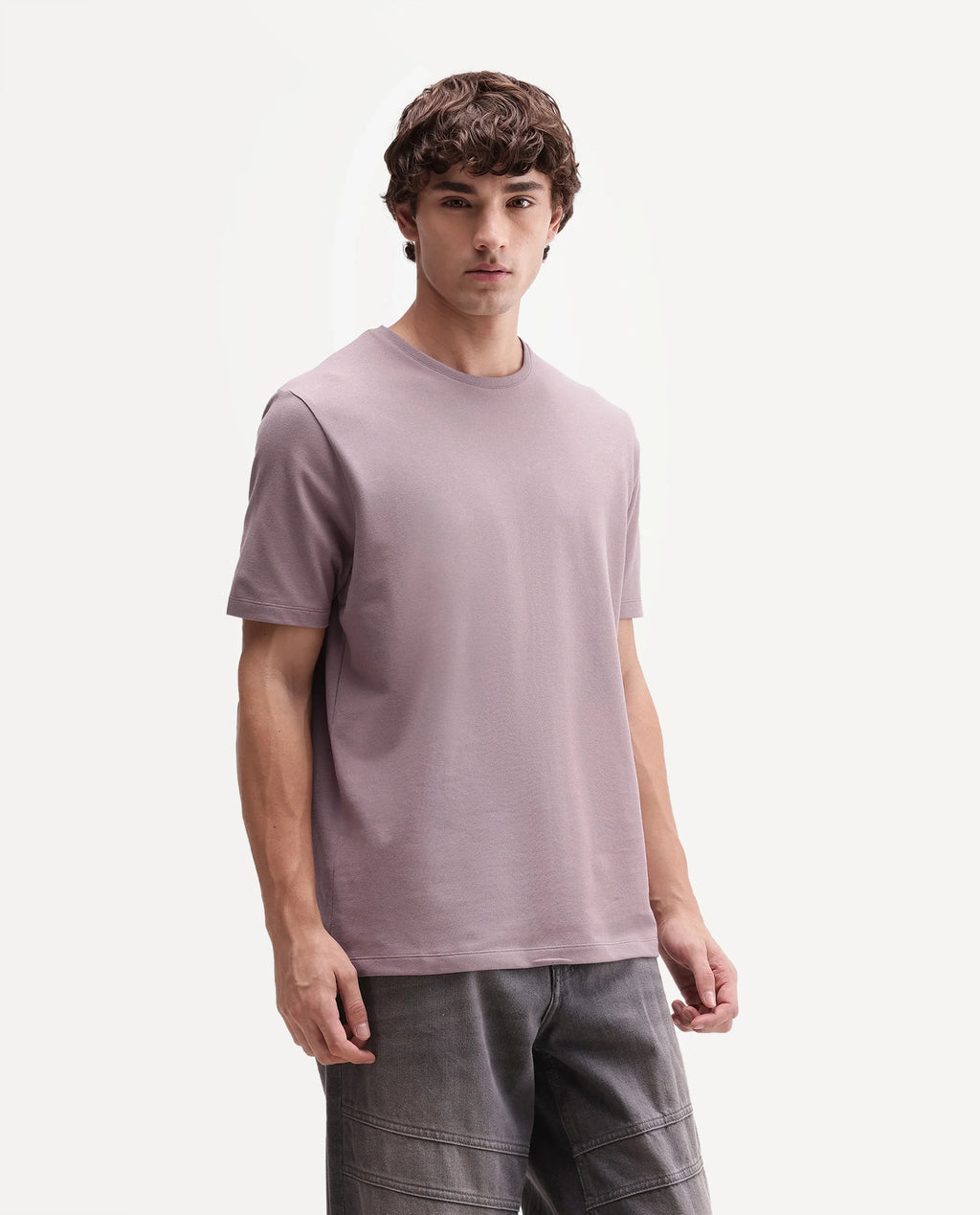 Rare Rabbit Men's Peeq Dusky Pink Cotton Blend Crew Neck Regular Plain T-Shirt