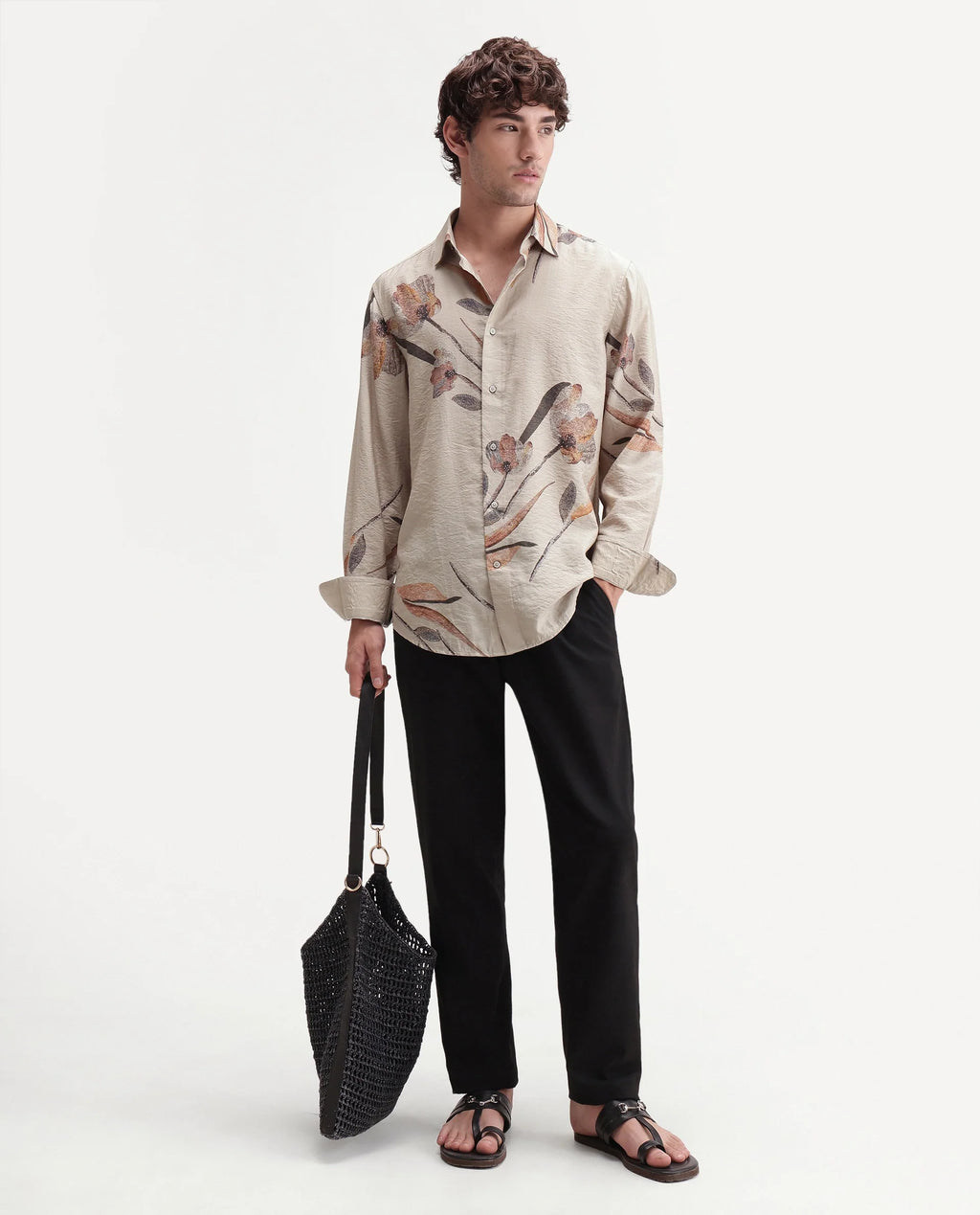 Rare Rabbit Men's Bomo Dusky Beige Cotton Spread Collar Regular Floral Print Shirt