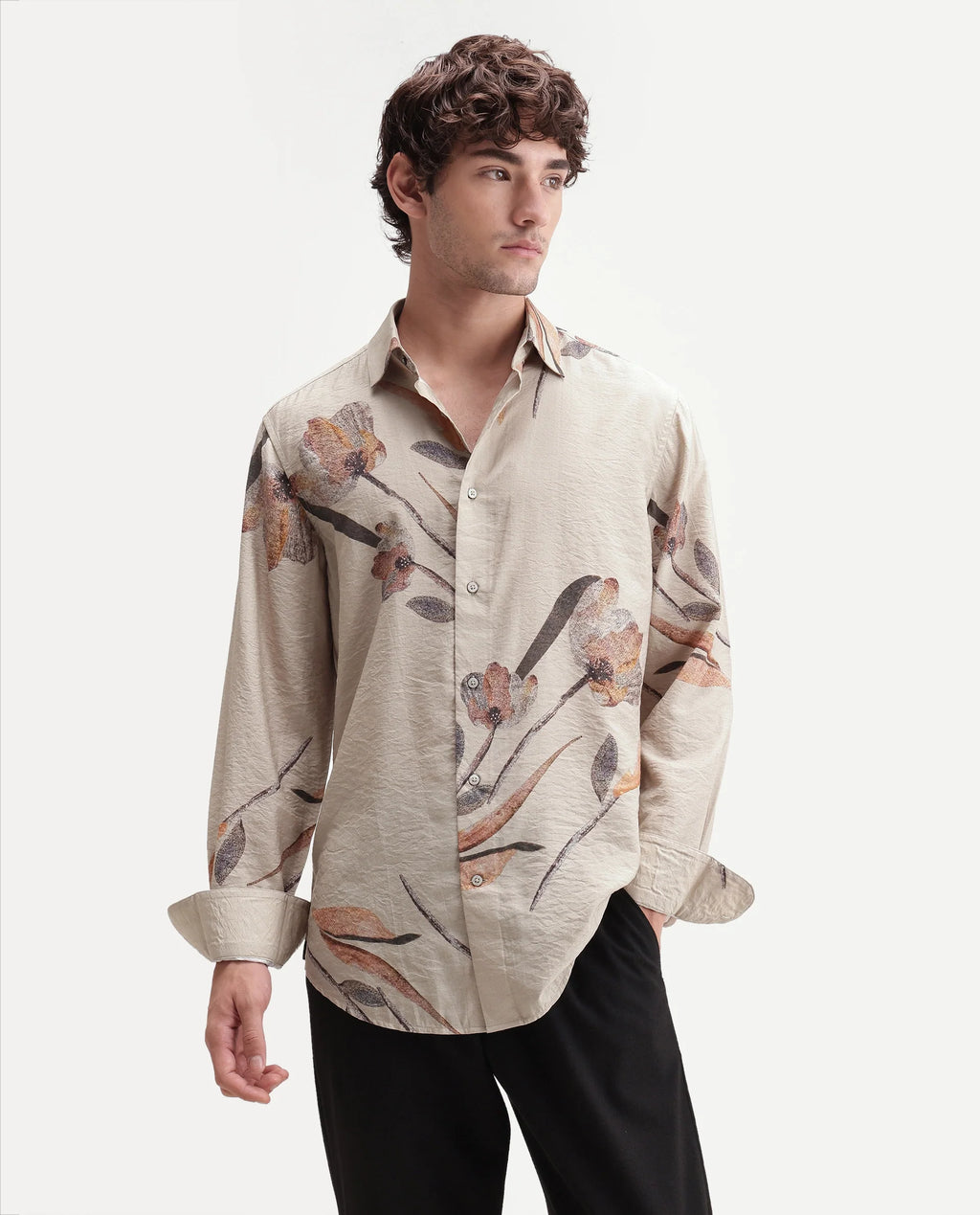Rare Rabbit Men's Bomo Dusky Beige Cotton Spread Collar Regular Floral Print Shirt