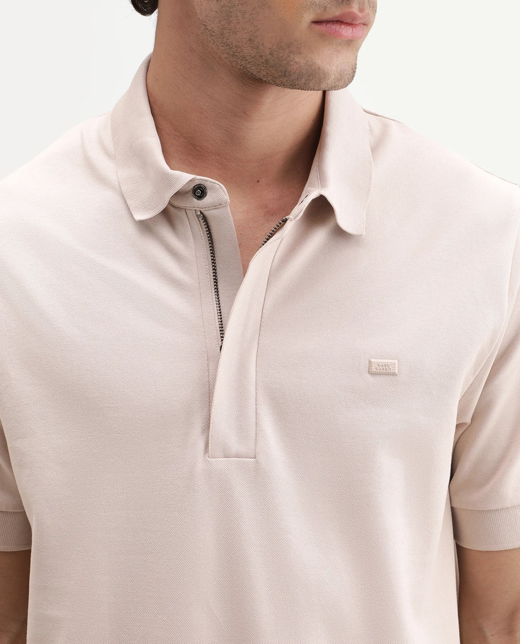 Rare Rabbit Men's Salis-A26 Light Beige Cotton Blend Spread Collar Regular Plain Polo