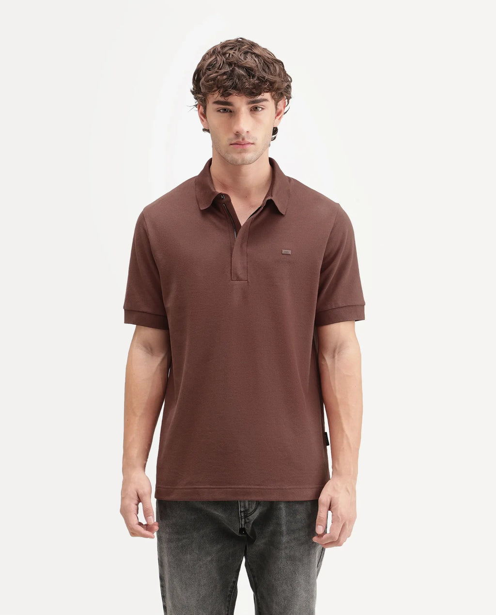 Rare Rabbit Men's Salis-A26 Dark Rust Cotton Blend Spread Collar Regular Plain Polo