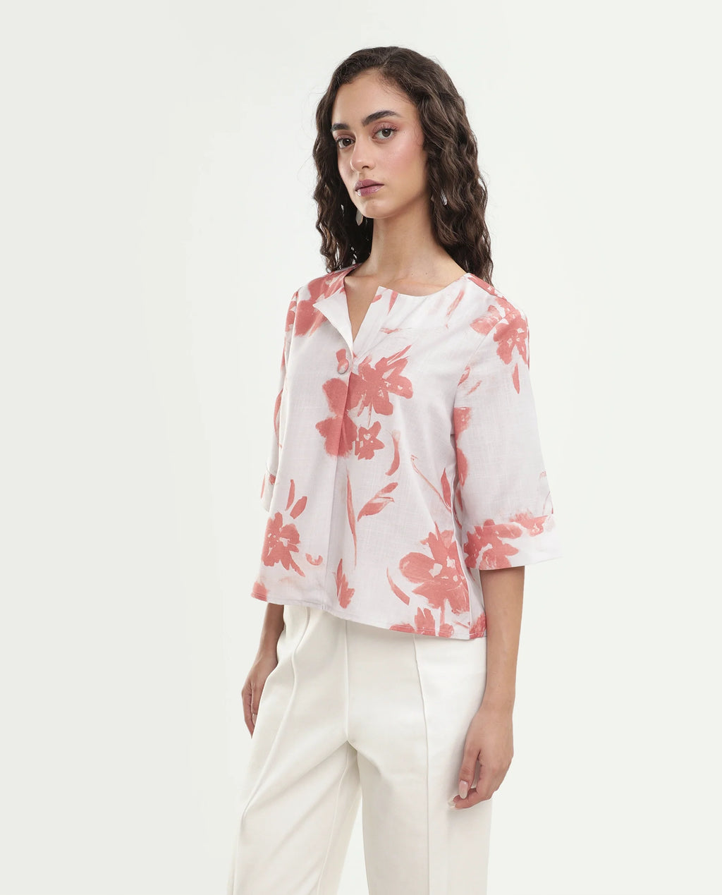 Rareism Women's Slana Beige Polyester Button Regular Fit Floral Print Top