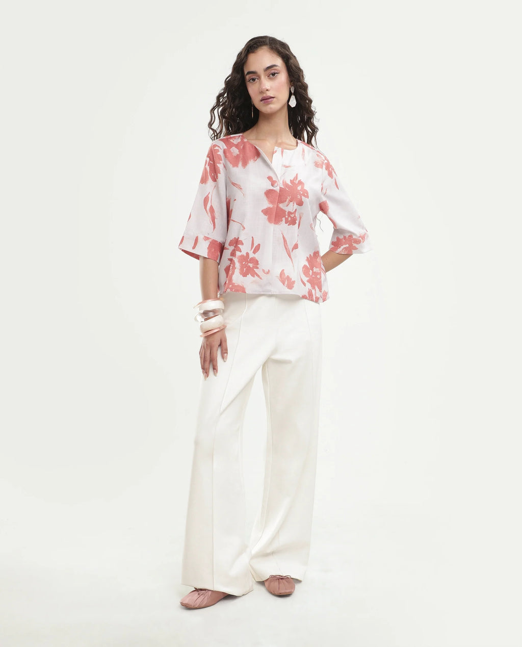 Rareism Women's Slana Beige Polyester Button Regular Fit Floral Print Top