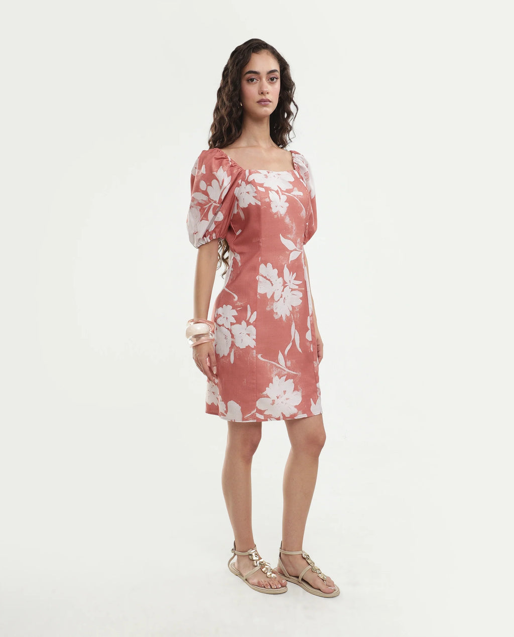 Rareism Women's Stefin Dusky Orange Polyester Button And Zip Fitted Floral Print Dress