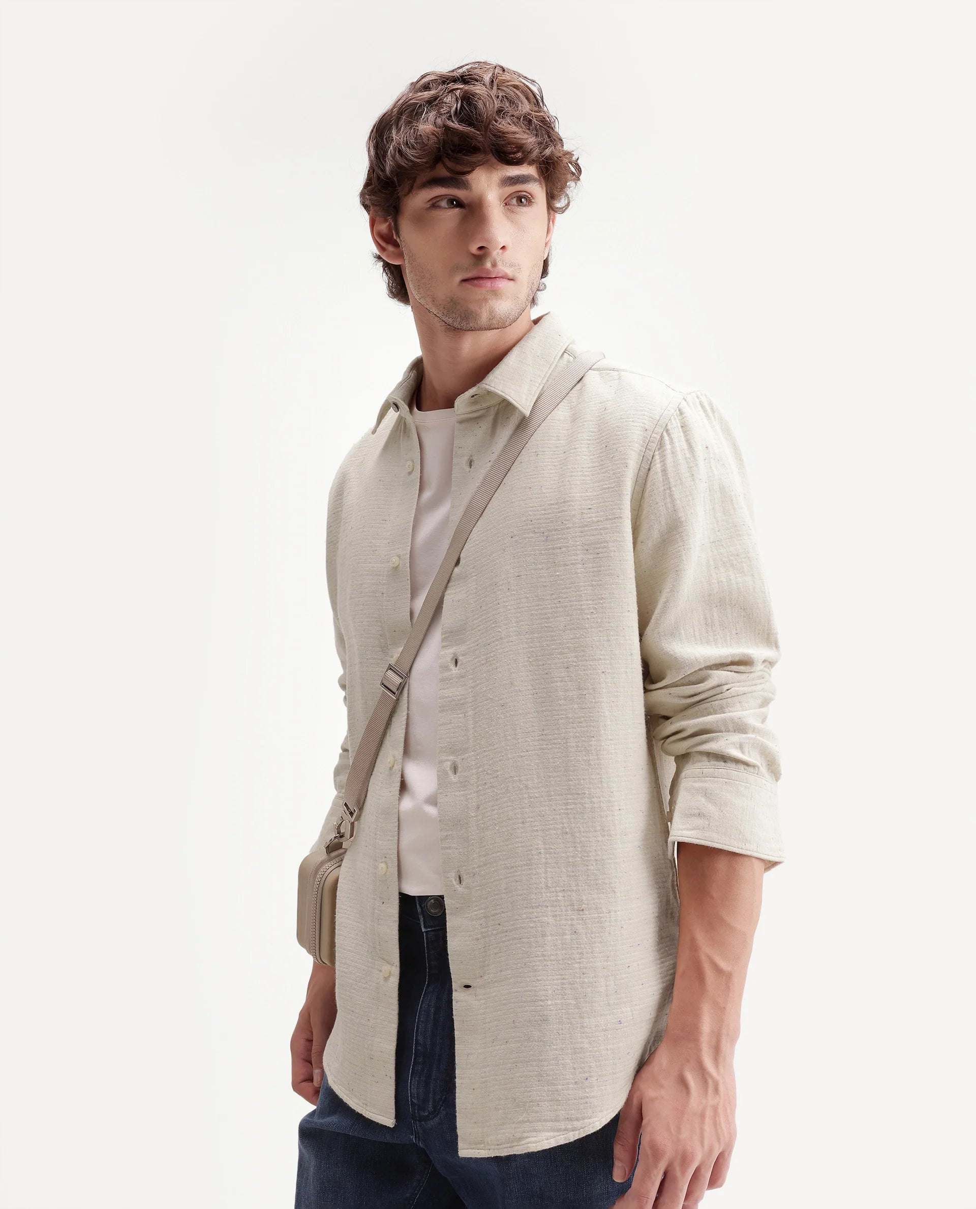 Rare Rabbit Men's Cira Primary Beige Cotton Blend Spread Collar Regular Plain Shirt