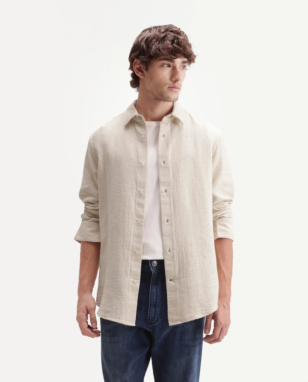 Rare Rabbit Men's Cira Primary Beige Cotton Blend Spread Collar Regular Plain Shirt