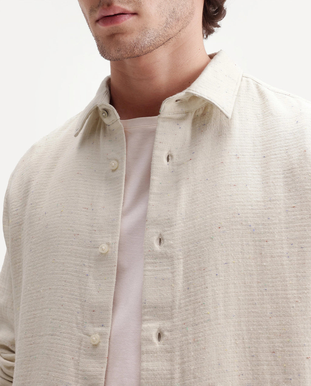 Rare Rabbit Men's Cira Primary Beige Cotton Blend Spread Collar Regular Plain Shirt
