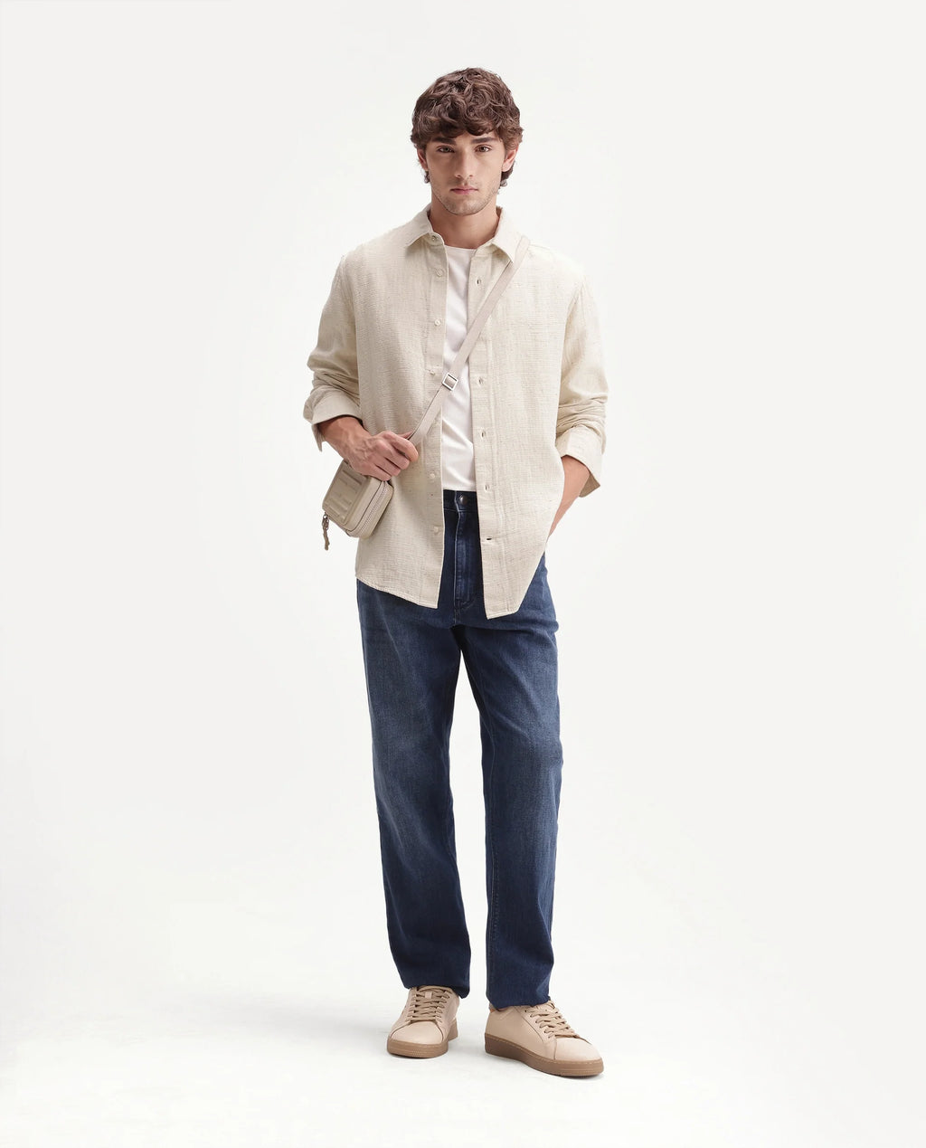 Rare Rabbit Men's Cira Primary Beige Cotton Blend Spread Collar Regular Plain Shirt