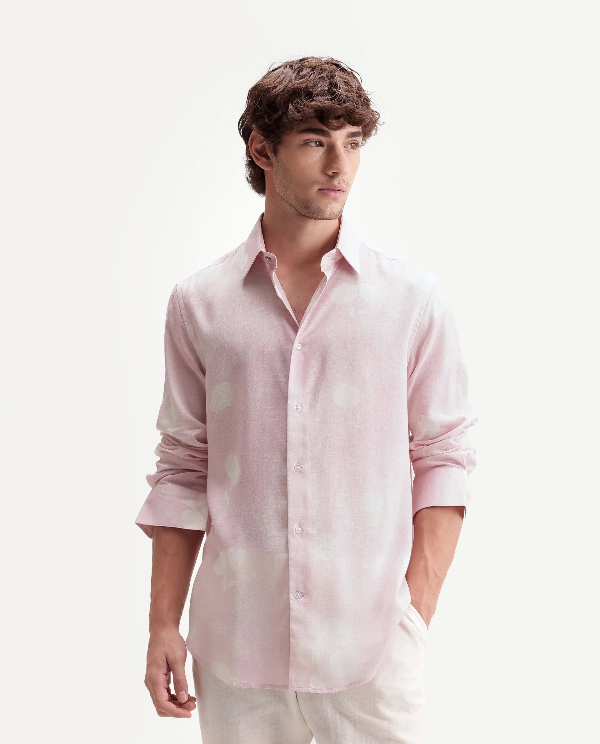 Rare Rabbit Men's Paul Pink Linen Blend Button Regular Fit Floral Print Shirt