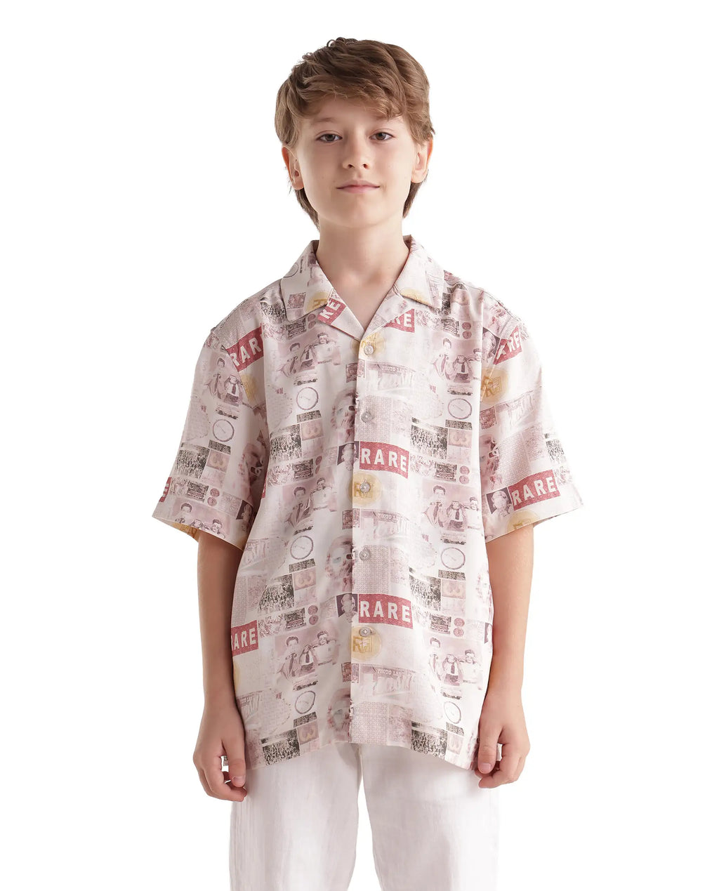 Rare Ones Kids Hage-26 Beige Cotton Blend Fabric Button Closure Digital Print Shirt