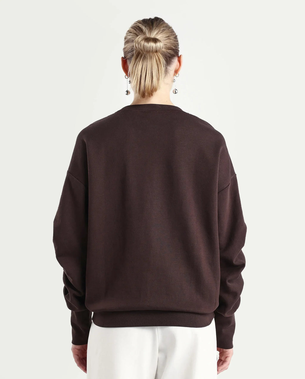 Rareism Women's Ruch Brown Cotton Blend Crew Neck Plain Hip Length Relaxed Fit Sweatshirt