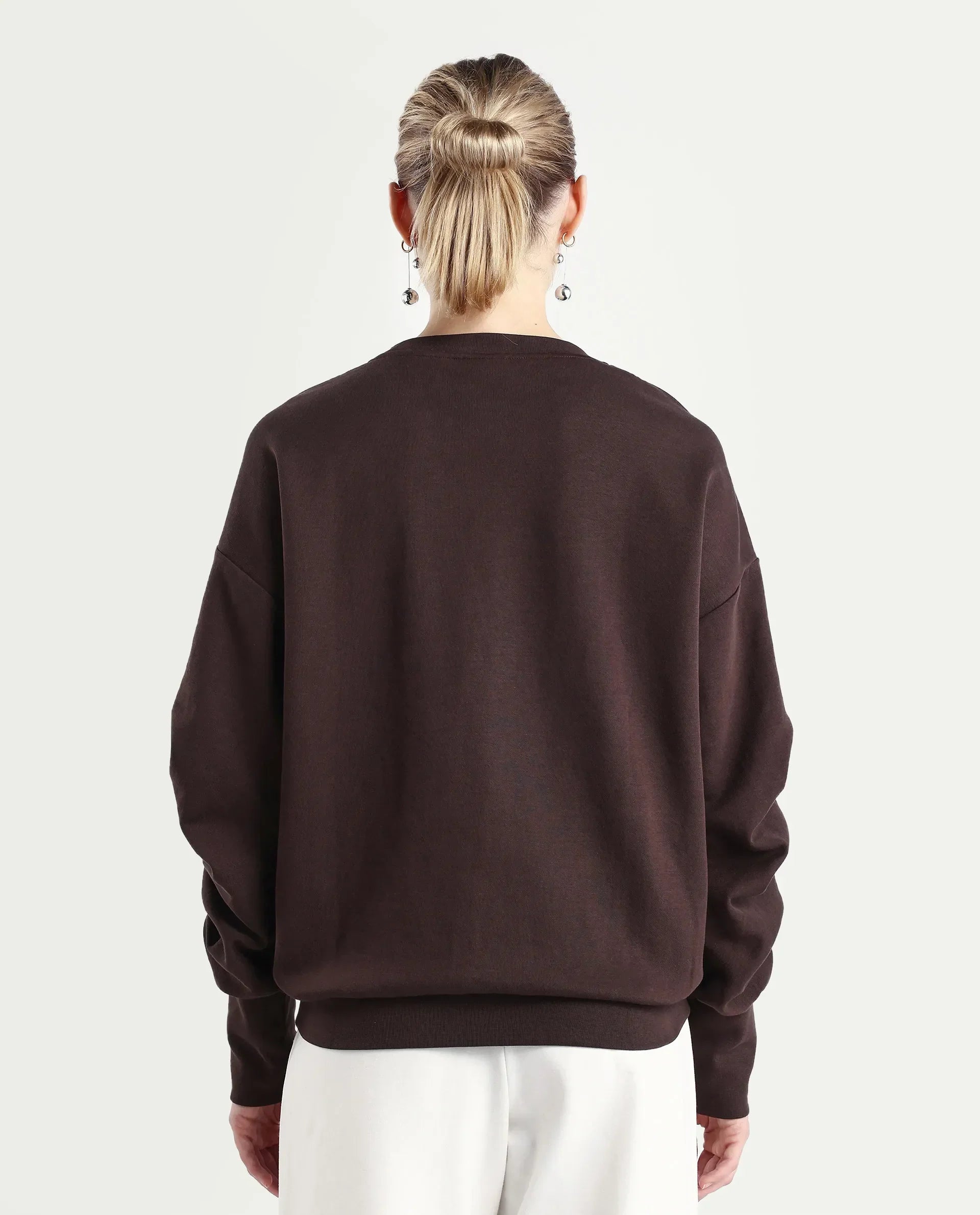 Rareism Women's Ruch Brown Cotton Blend Crew Neck Plain Hip Length Relaxed Fit Sweatshirt