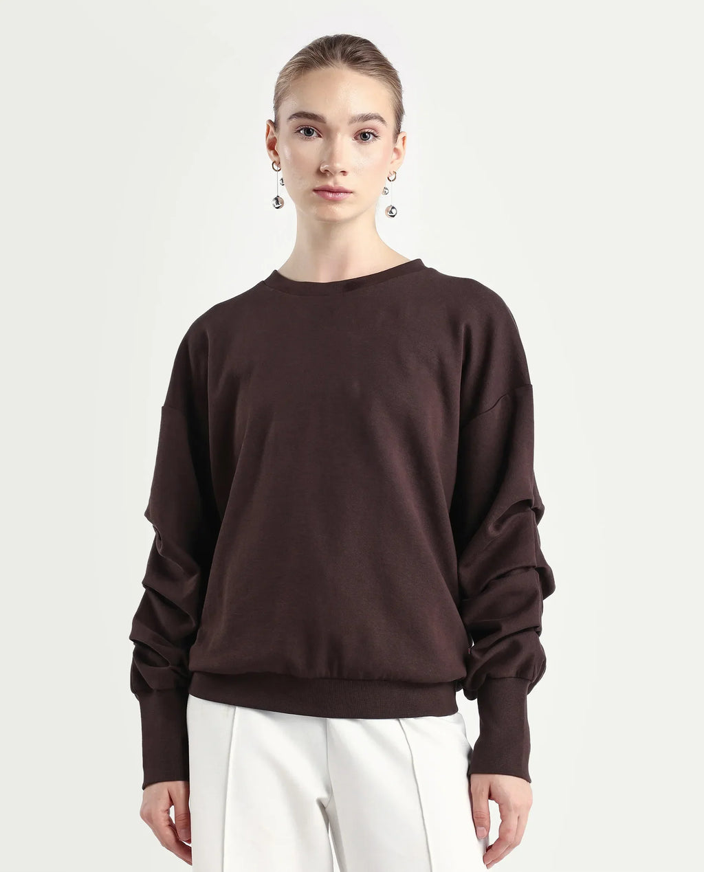 Rareism Women's Ruch Brown Cotton Blend Crew Neck Plain Hip Length Relaxed Fit Sweatshirt