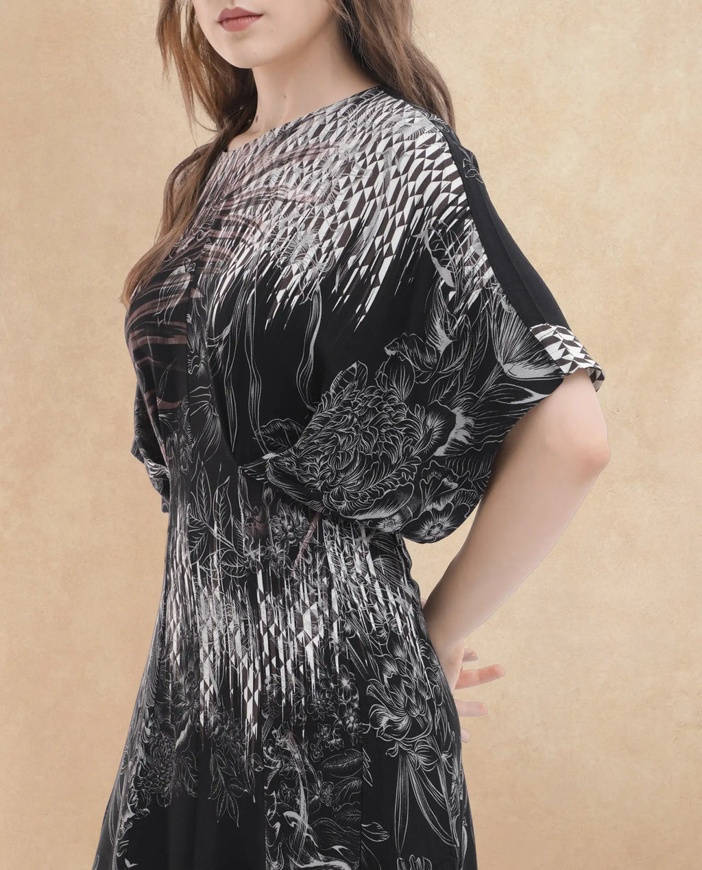 Rareism Women's Rufus Black Polyester Crew Neck Abstract Print Extended Sleeves Maxi Fit And Flare Dress