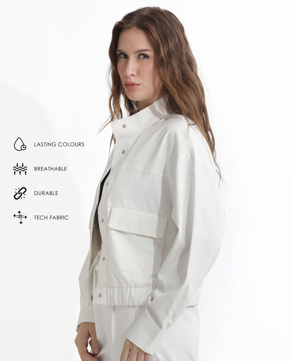 Rareism Women's Ruks Off White Polyester High Neck Plain Regular Fit Jacket