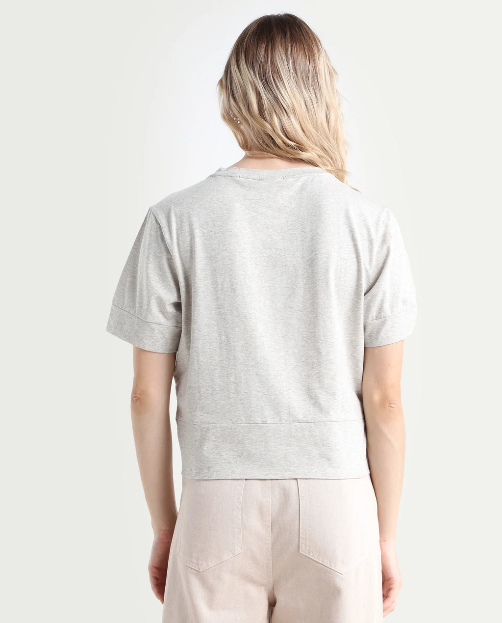 Rareism Women's Runo Melange Grey Cotton Blend Crew Neck Graphic Print Regular Fit T-Shirt