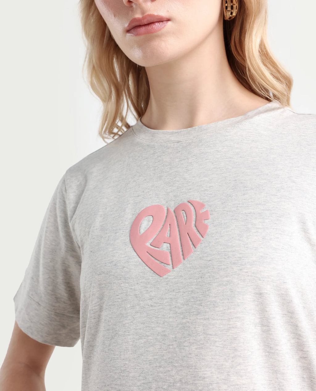 Rareism Women's Runo Melange Grey Cotton Blend Crew Neck Graphic Print Regular Fit T-Shirt