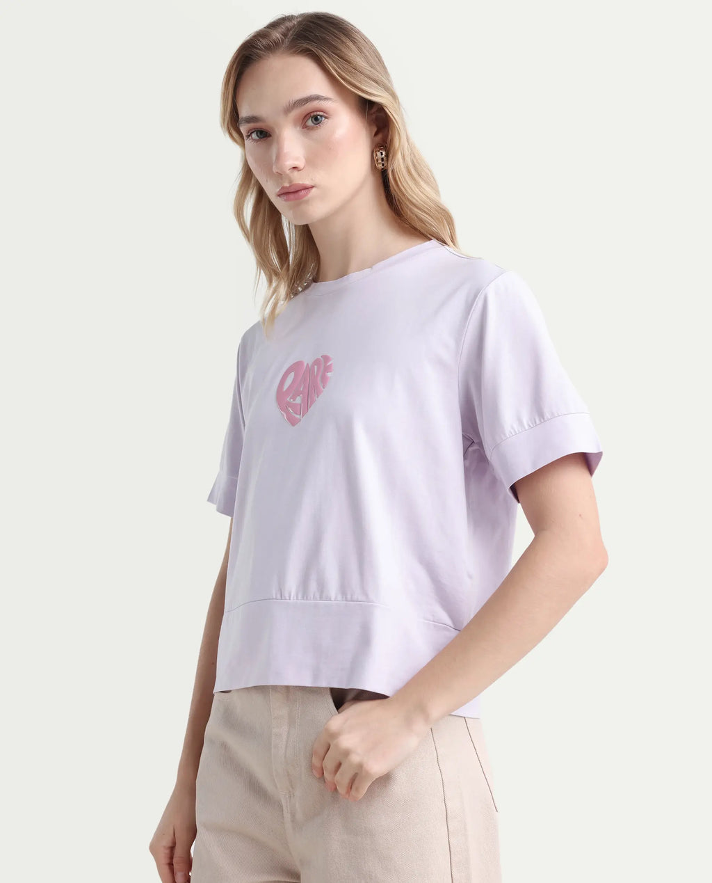 Rareism Women's Runo Pastel Purple Cotton Blend Crew Neck Graphic Print Regular Fit T-Shirt