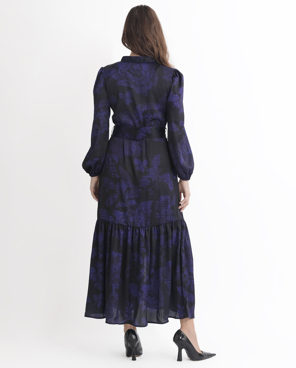 Rareism Women's Rupper Dark Navy Polyester V-Neck Abstract Print Bishop Sleeve Maxi Relaxed Fit Dress
