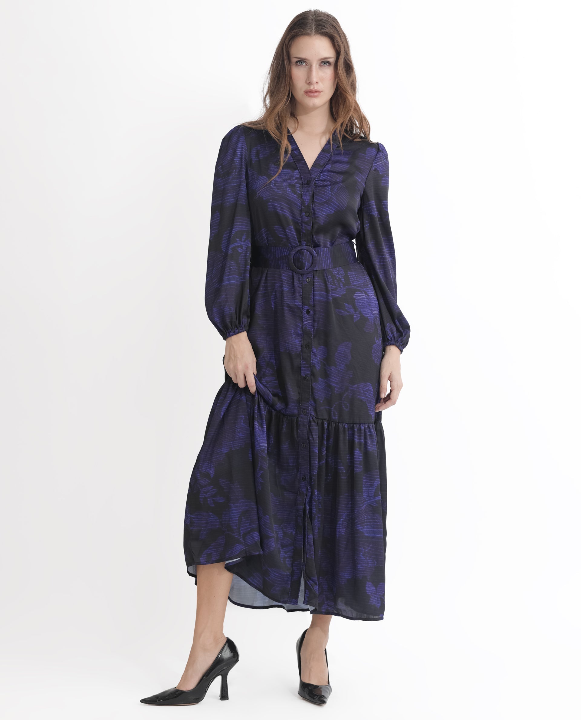 Rareism Women's Rupper Dark Navy Polyester V-Neck Abstract Print Bishop Sleeve Maxi Relaxed Fit Dress