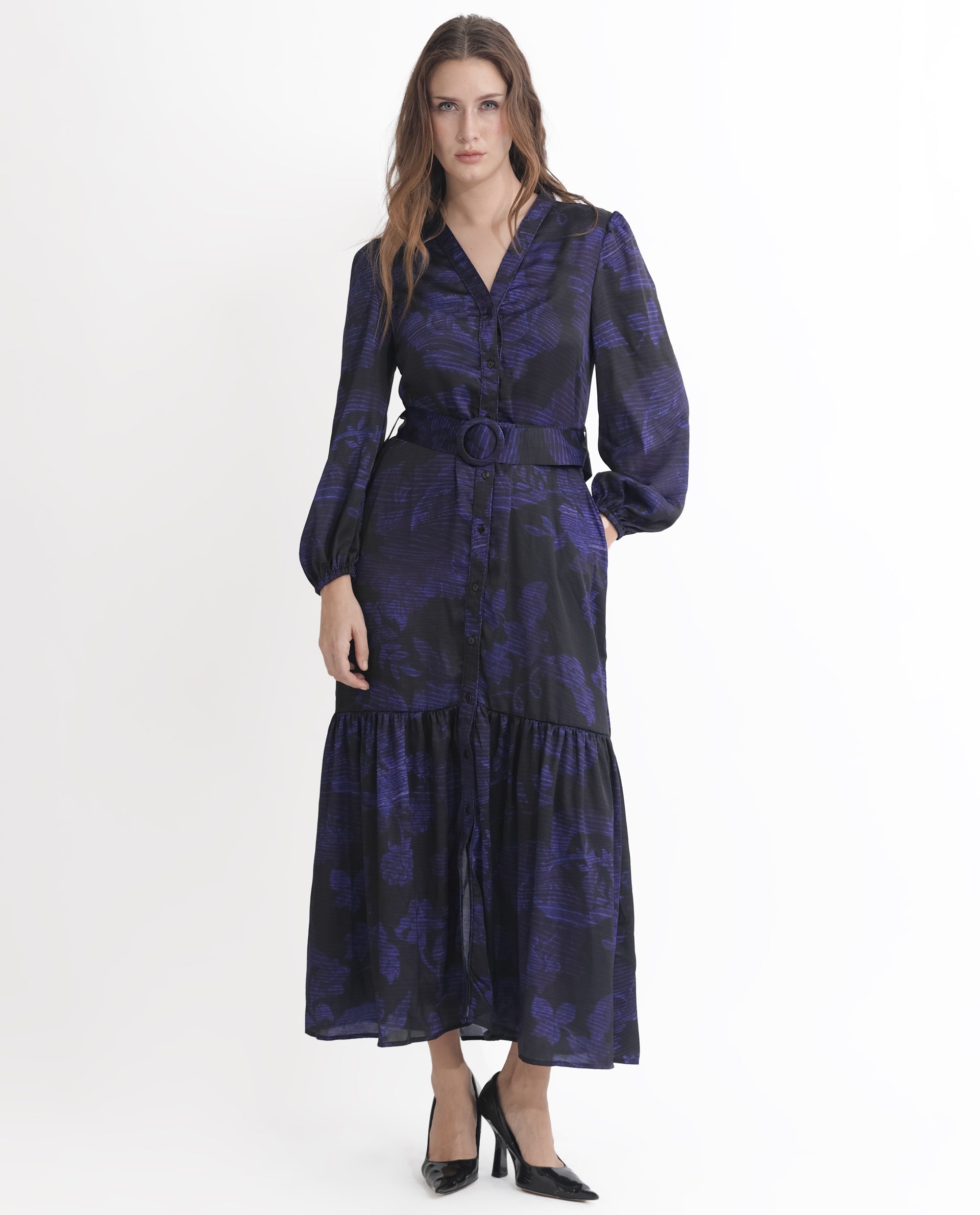 Rareism Women's Rupper Dark Navy Polyester V-Neck Abstract Print Bishop Sleeve Maxi Relaxed Fit Dress