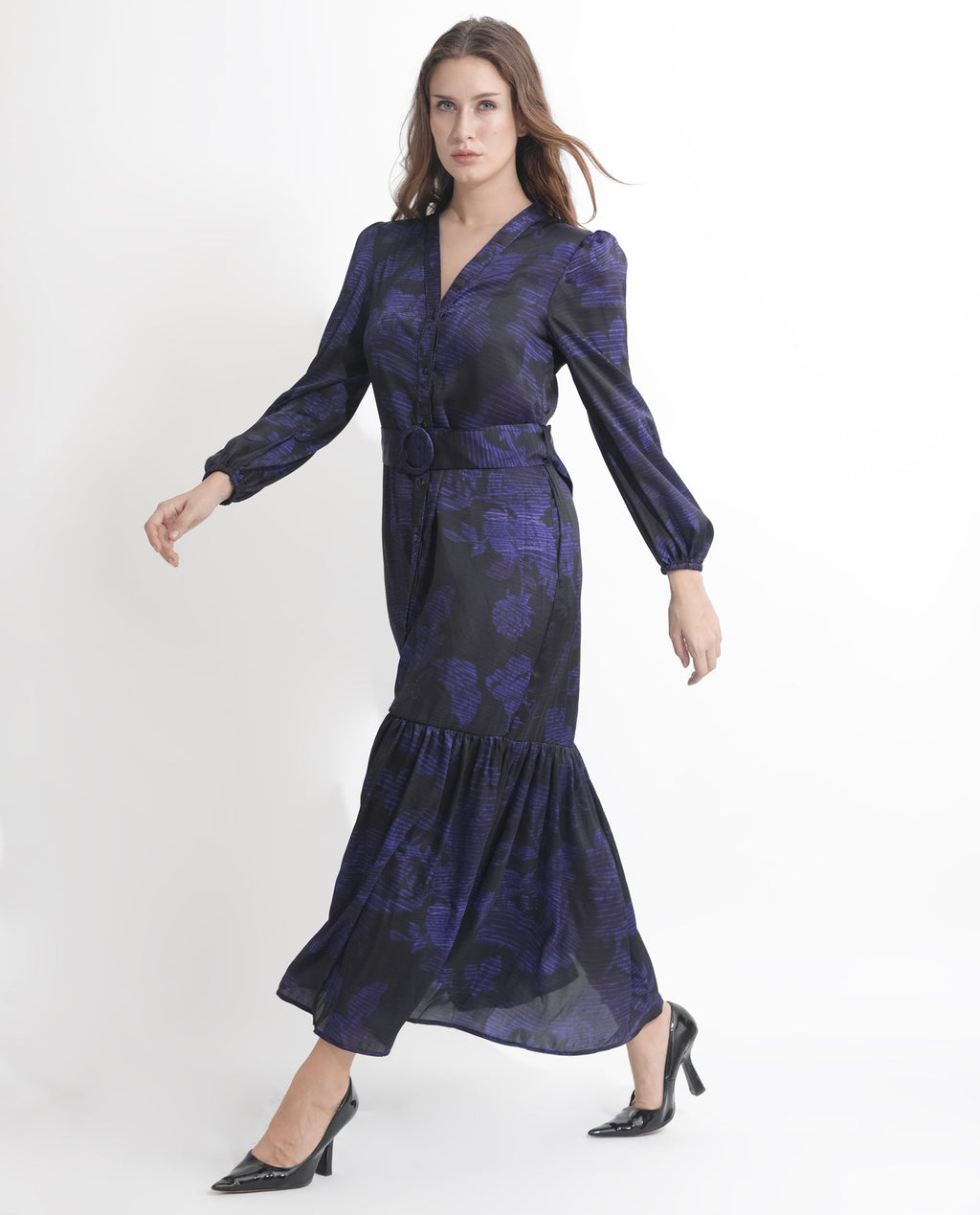 Rareism Women's Rupper Dark Navy Polyester V-Neck Abstract Print Bishop Sleeve Maxi Relaxed Fit Dress