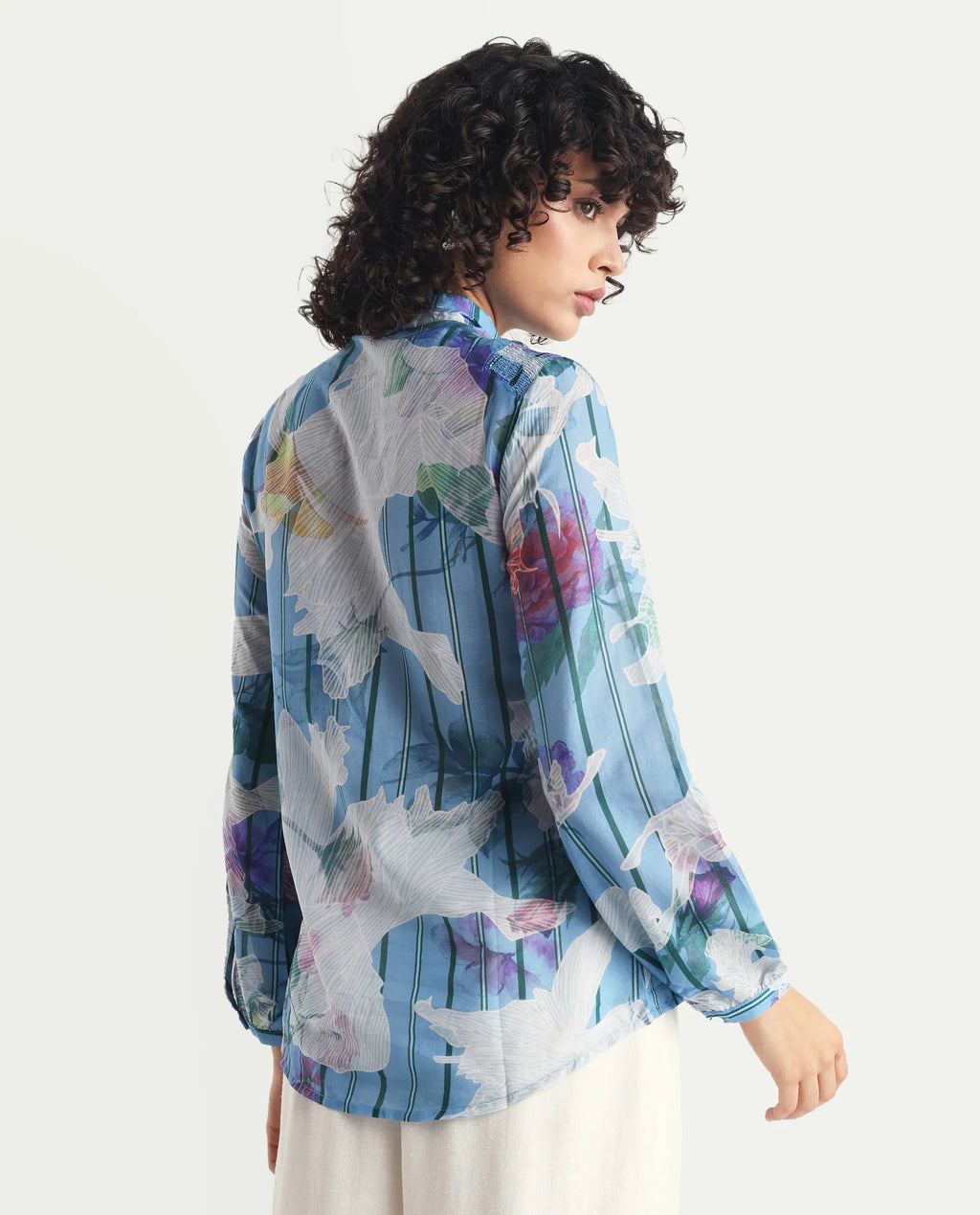Rareism Women's Rush Blue Cotton Tie-Up Neck Floral Print Cuffed Sleeve Regular Fit Top
