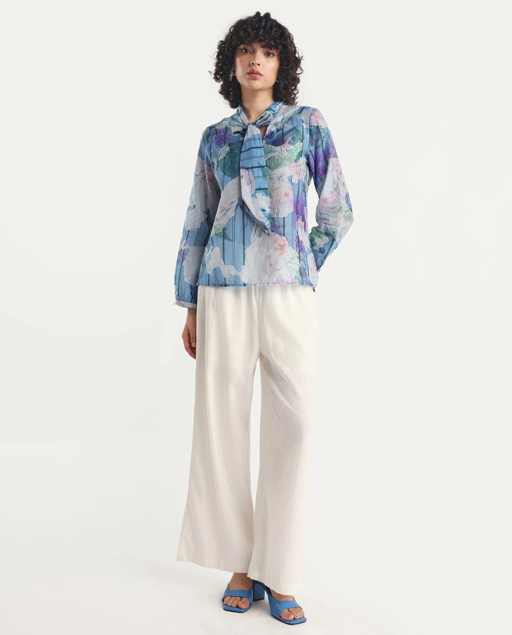 Rareism Women's Rush Blue Cotton Tie-Up Neck Floral Print Cuffed Sleeve Regular Fit Top