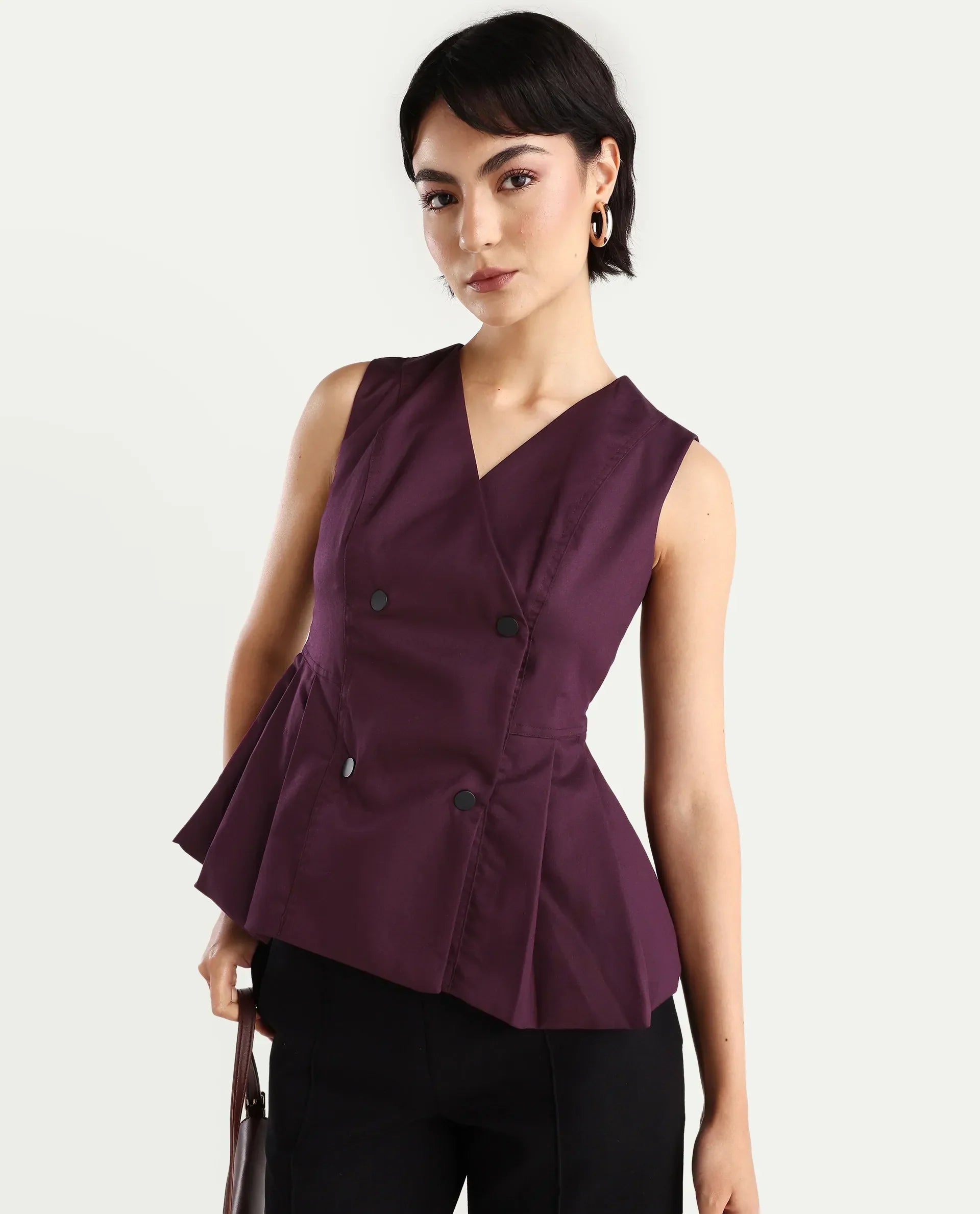 Rareism Women's Rysa Purple Polyester V-Neck Plain Sleeveless Regular Fit And Flare Top