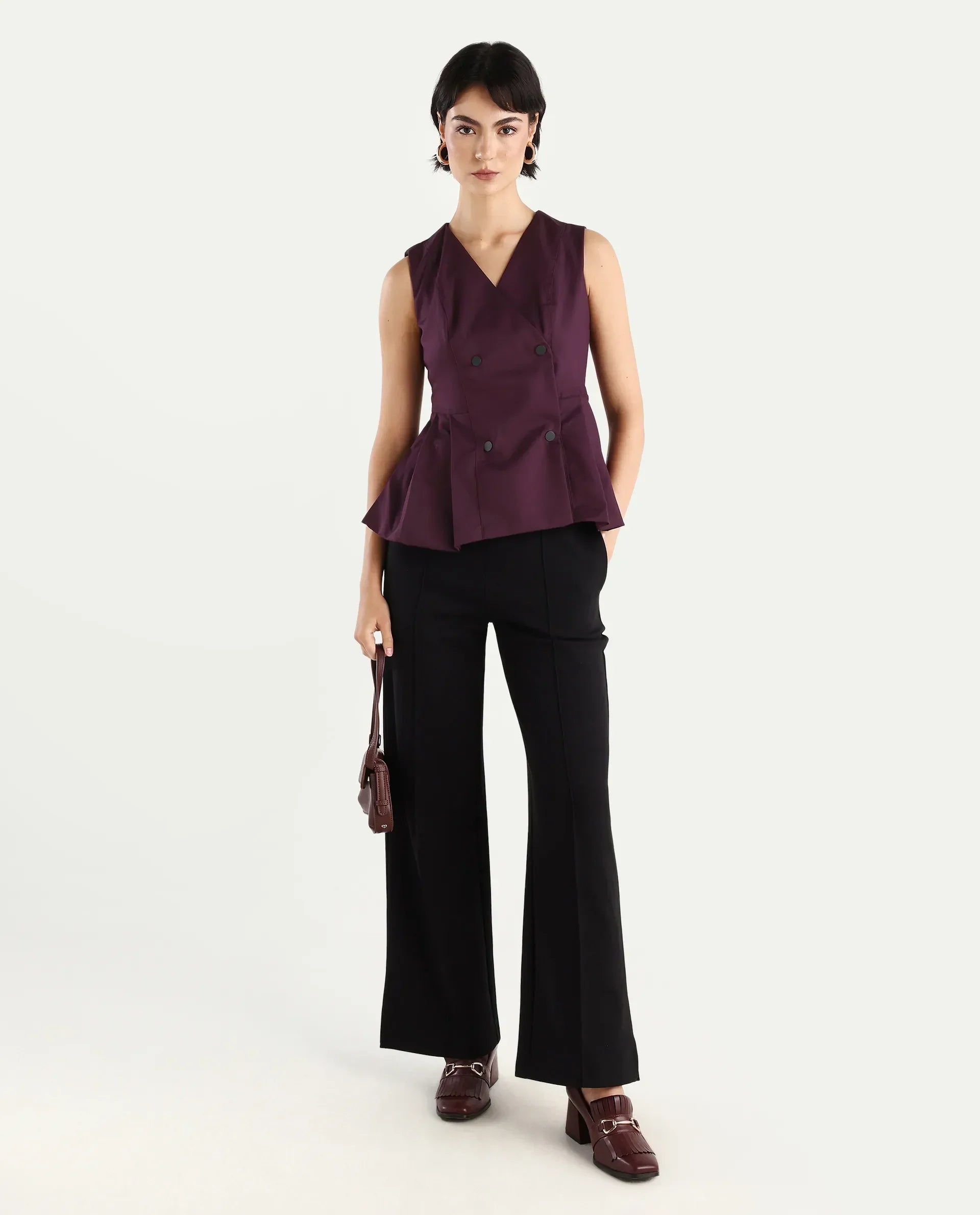 Rareism Women's Rysa Purple Polyester V-Neck Plain Sleeveless Regular Fit And Flare Top