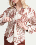 Rareism Women's Ron T Beige Polyester Spread Collar Floral Print Bishop Sleeve Relaxed Fit Top