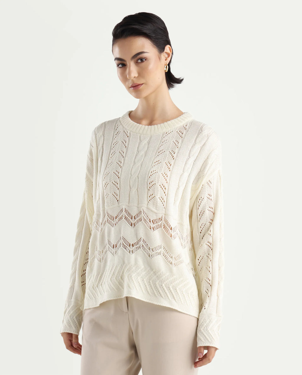 Rareism Women's Saben Beige Acrylic Ribbed Collar Plain Boxy Fit Sweater