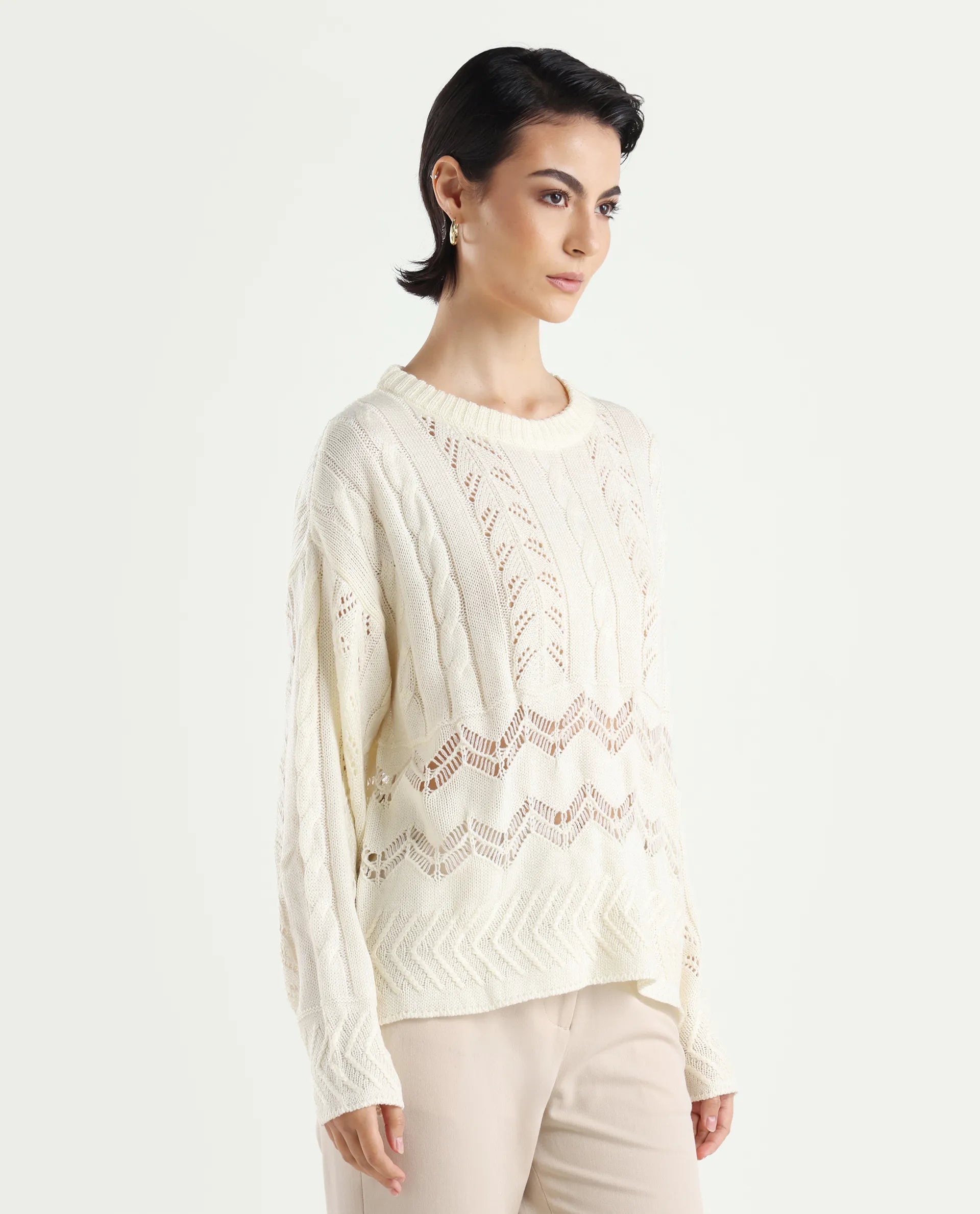 Rareism Women's Saben Beige Acrylic Ribbed Collar Plain Boxy Fit Sweater