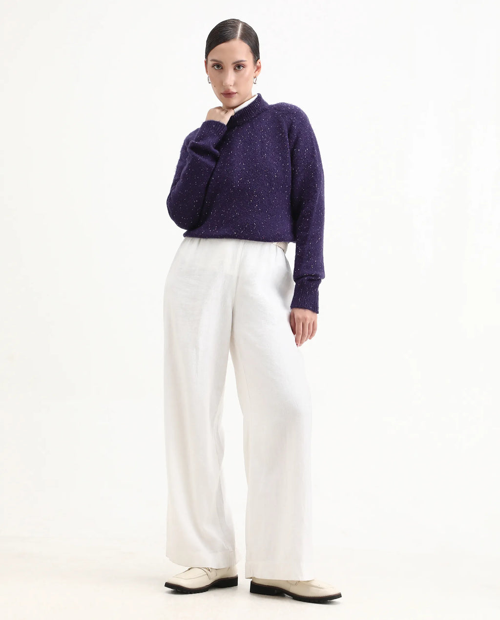 Rareism Women's Tinzol Dark Purple Acrylic Blend Crew Neck Relaxed Fit Sweater